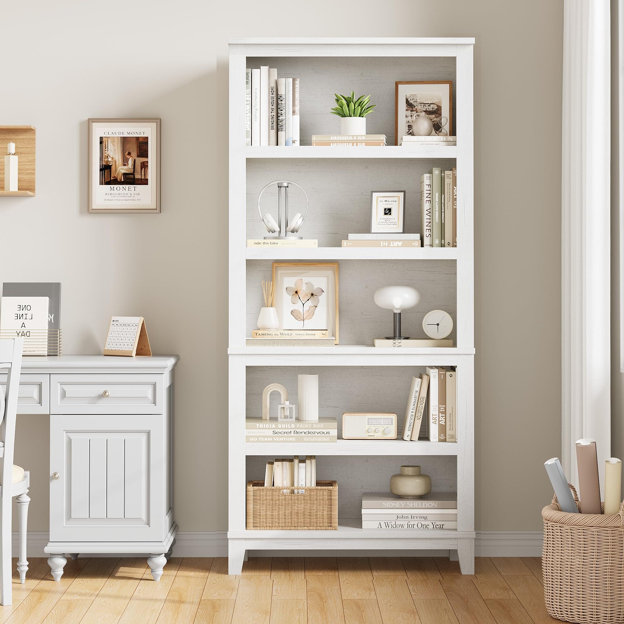 Jojoka - 71" Tall 5-Tier Bookcase w/Adjustable Shelves, 31.5in Width Farmhouse Wooden Bookshelf for Living Room, Office, Library - White