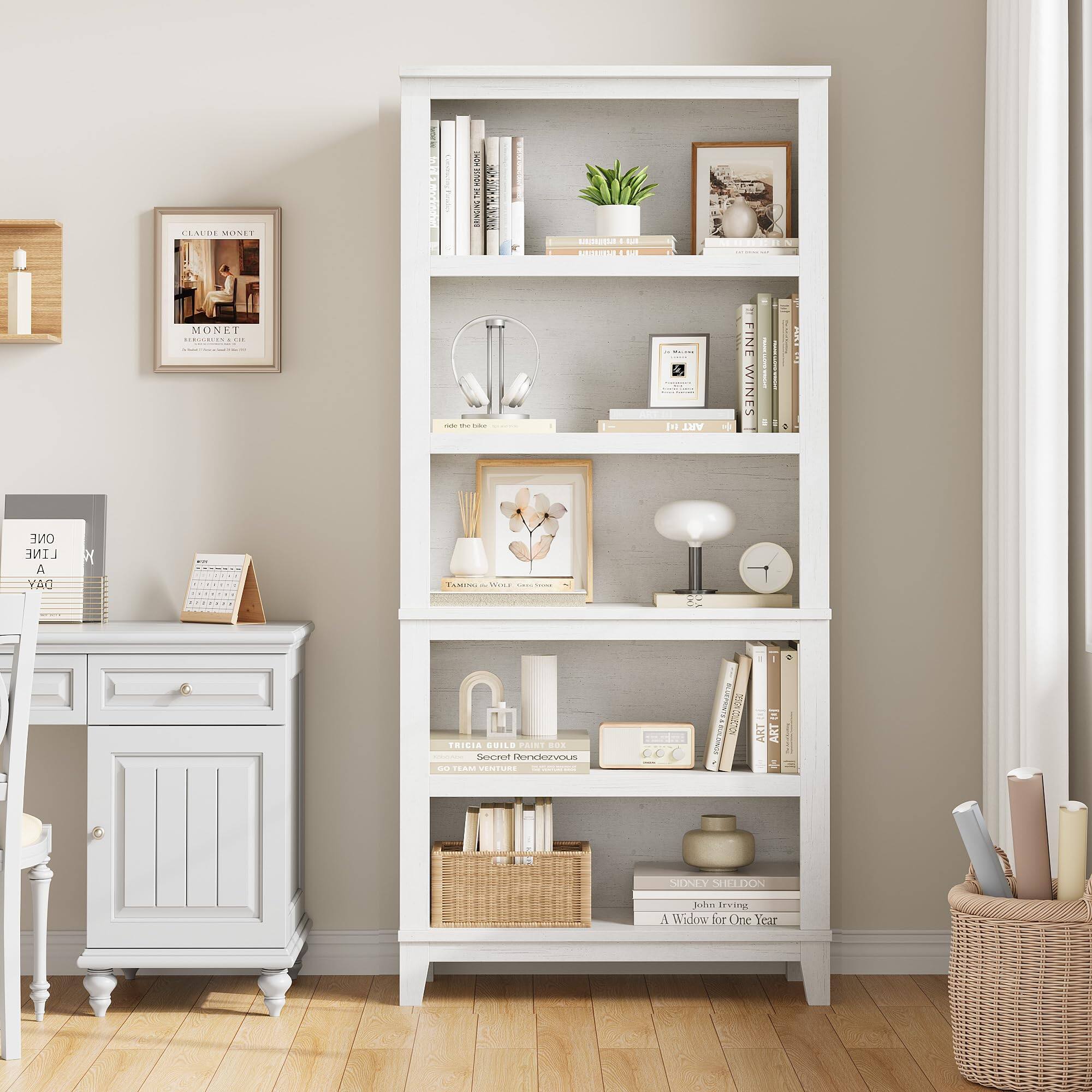 Jojoka - 71" Tall 5-Tier Bookcase w/Adjustable Shelves, 31.5in Width Farmhouse Wooden Bookshelf for Living Room, Office, Library - White