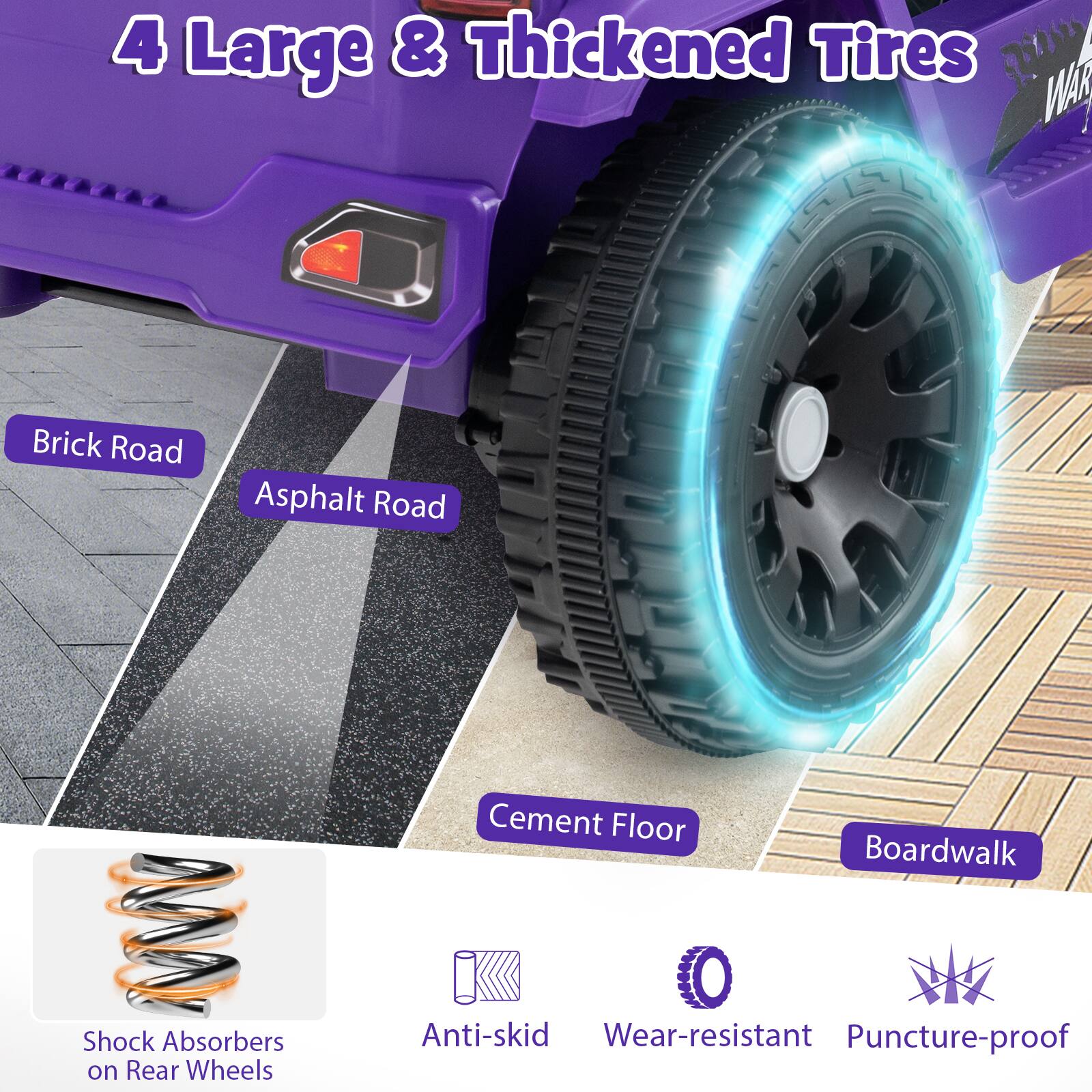 4 Large & Thickened Tires

- Brick Road
- Asphalt Road
- Cement Floor
- Boardwalk

- Shock Absorbers on Rear Wheels
- Anti-skid
- Wear-resistant
- Puncture-proof