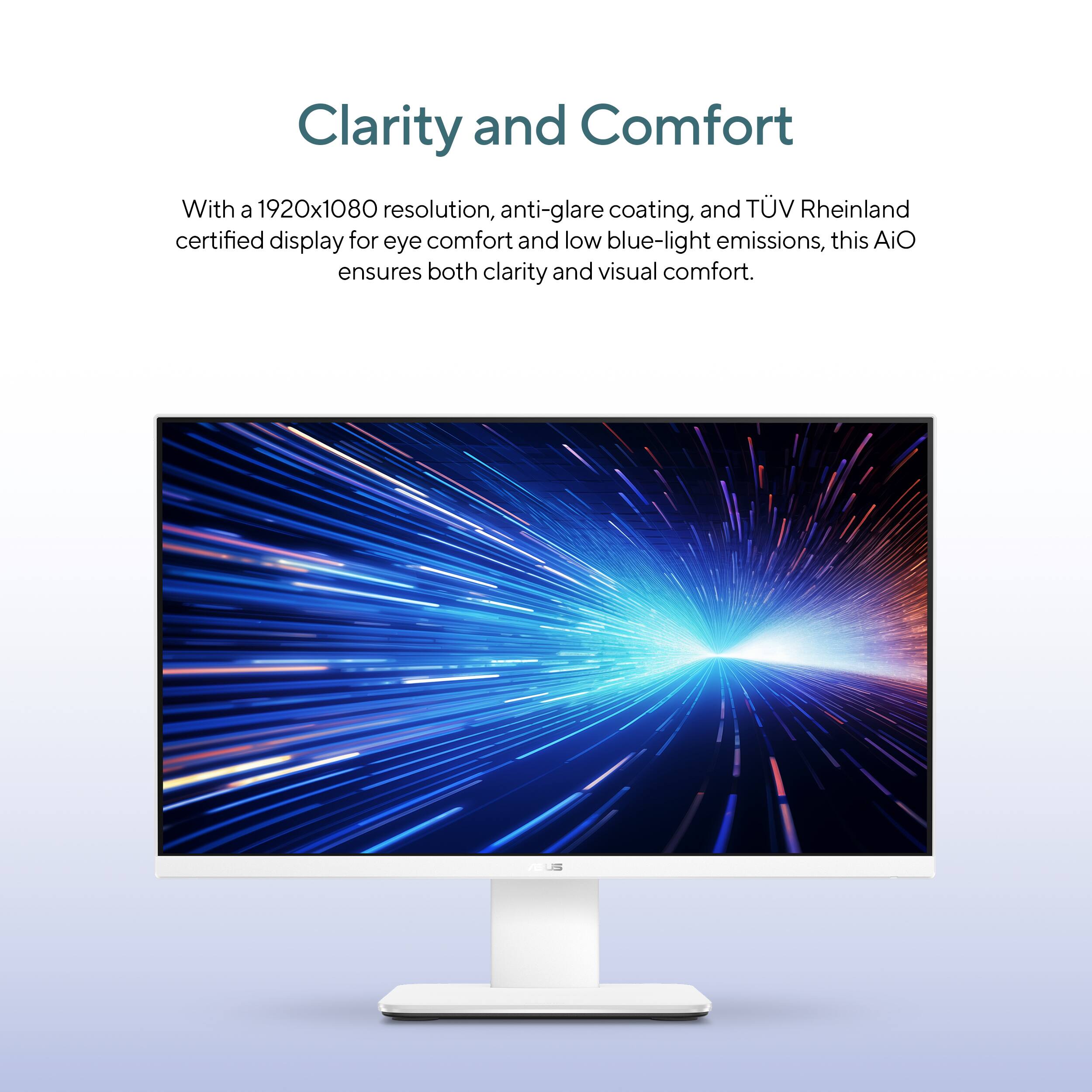 Clarity and Comfort: With a 1920x1080 resolution, anti-glare coating, and TV Rheinland certified display for eye comfort and low blue-light emissions, this AiO ensures both clarity and visual comfort.