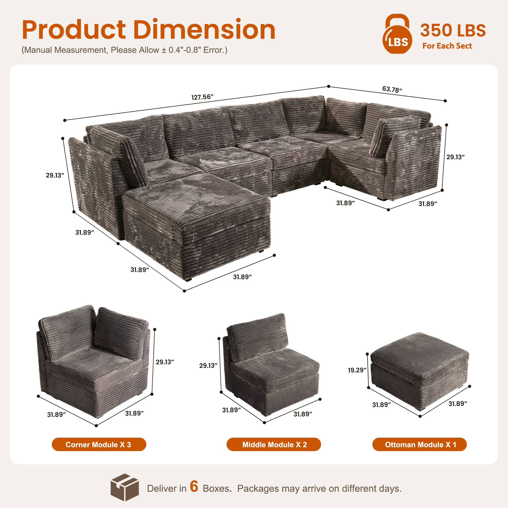Product Dimension (Manual Measurement, Please Allow ±0.4"-0.8" Error.)

350 LBS For Each Section

- Corner Module X 3
- Middle Module X 2
- Ottoman Module X 1

Deliver in 6 Boxes. Packages may arrive on different days.