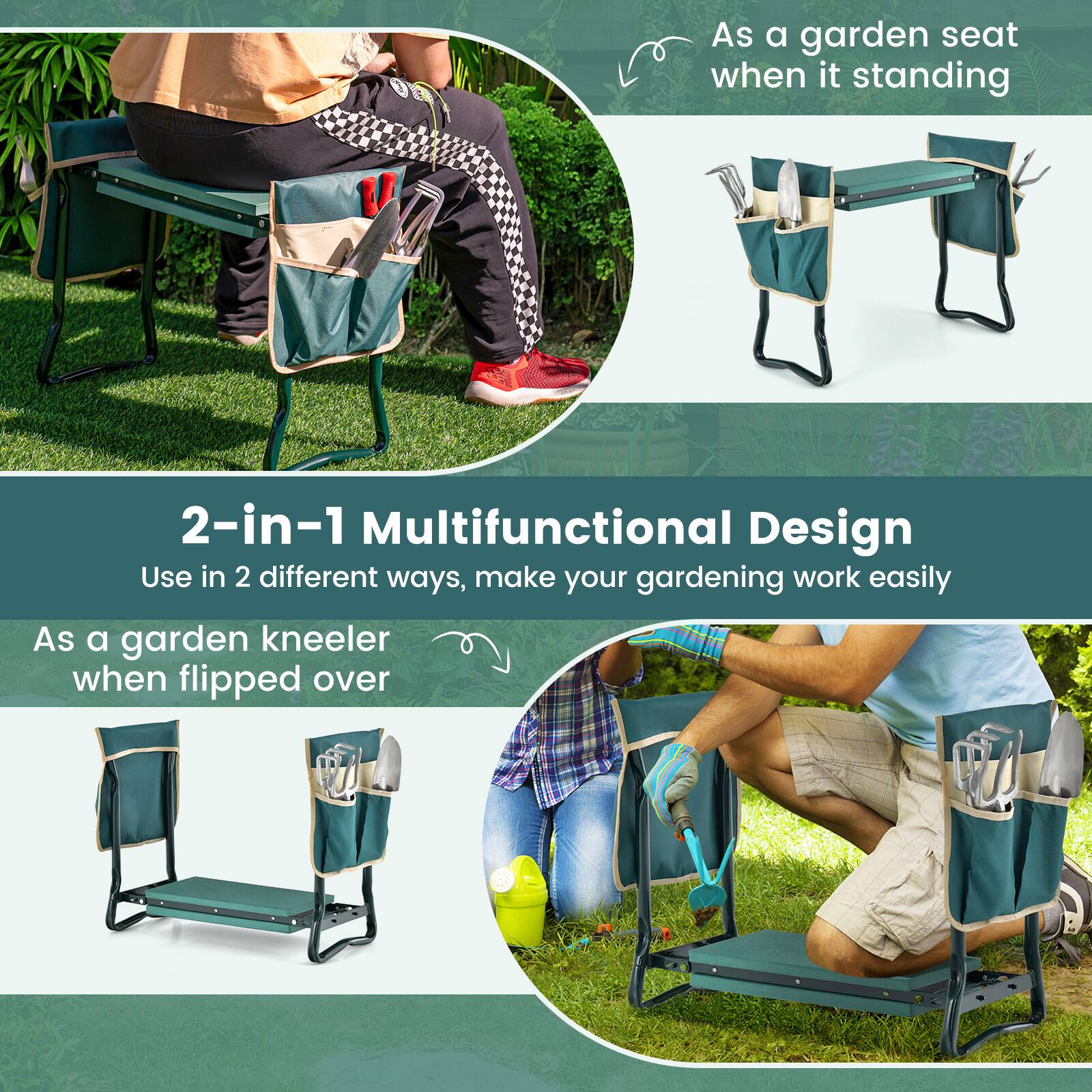 2-in-1 Multifunctional Design

Use in 2 different ways, make your gardening work easily

As a garden seat when it standing

As a garden kneeler when flipped over