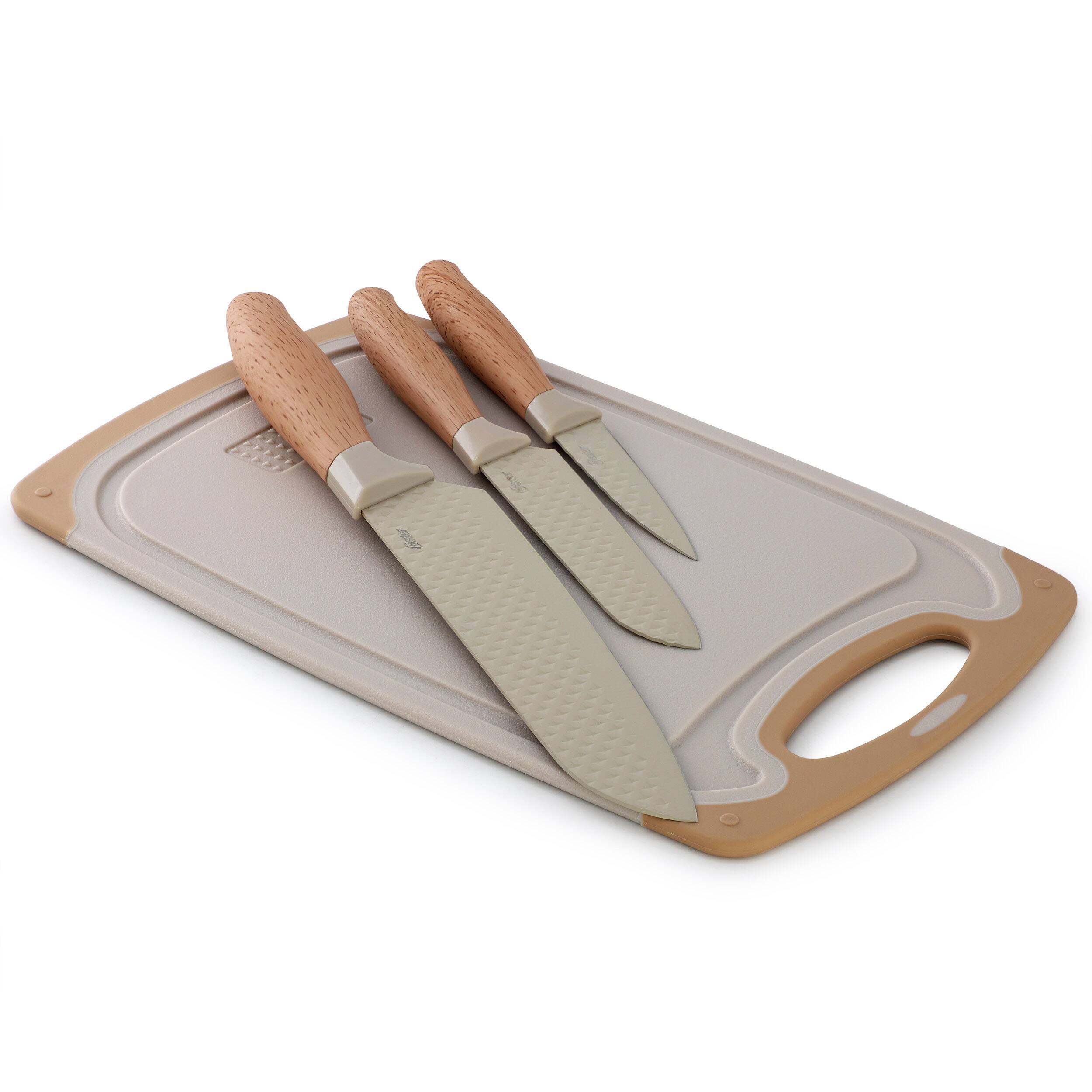 Alt View 1. Oster - Oster Gunderson 4 Piece Stainless Steel Cutlery and Cutting Board Set in Brown.
