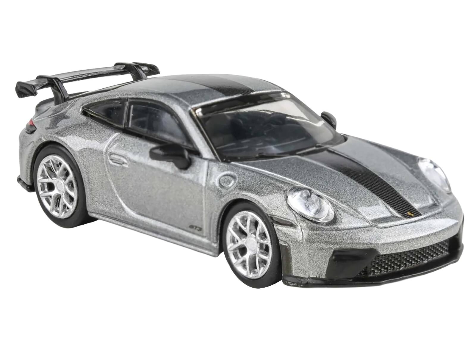 Angle. Paragon - 2025 Porsche 911 GT3 (992.2) GT Silver Metallic with Carbon Stripe 1/64 Diecast Model Car by Paragon Models - Silver Metallic.
