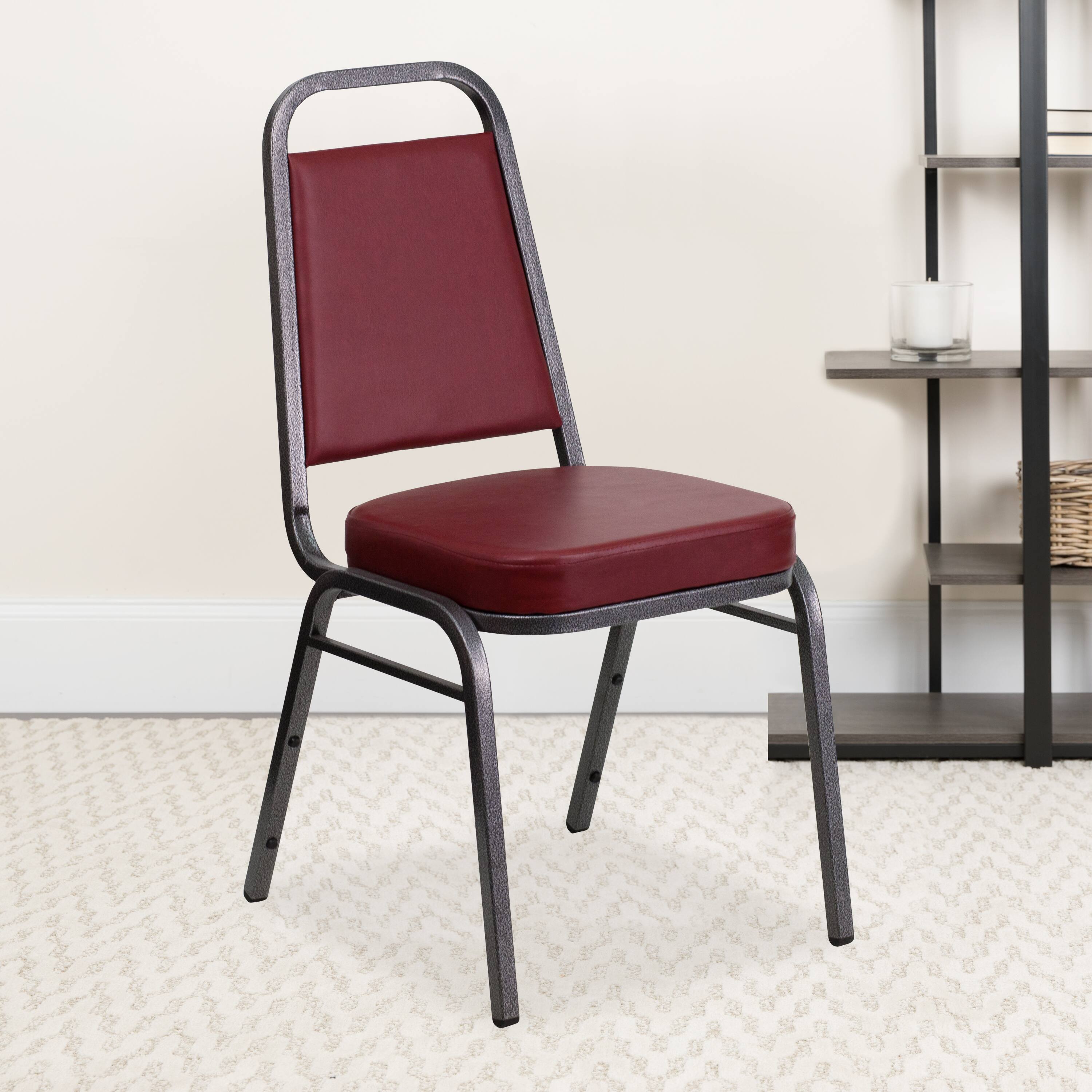Alt View 2. Emma + Oliver - 4 Pack Trapezoidal Back Stacking Banquet Chair - Burgundy Vinyl/Silver Vein Frame.