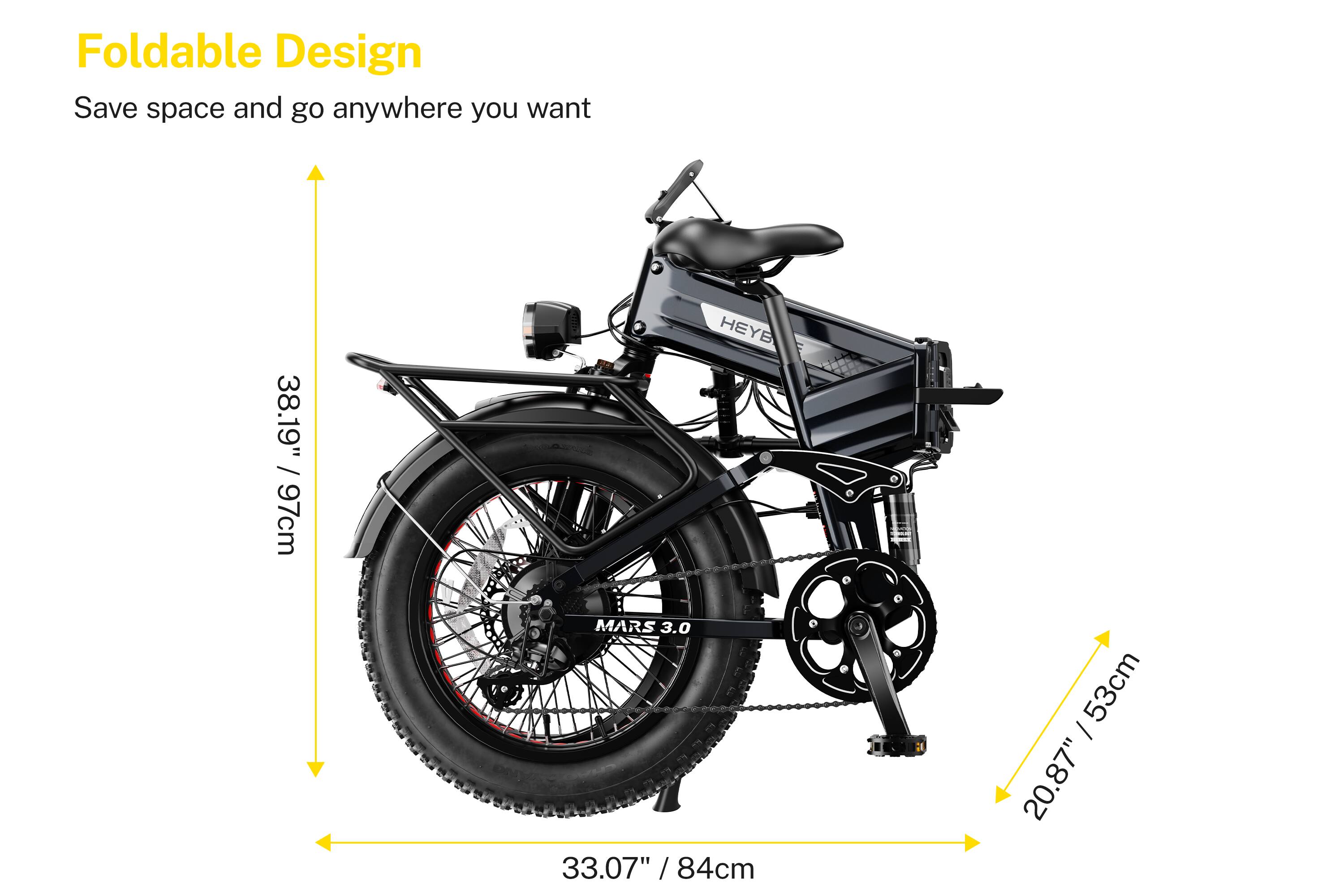 Foldable Design  
Save space and go anywhere you want  

38.19" / 97cm  
33.07" / 84cm  
20.87" / 53cm