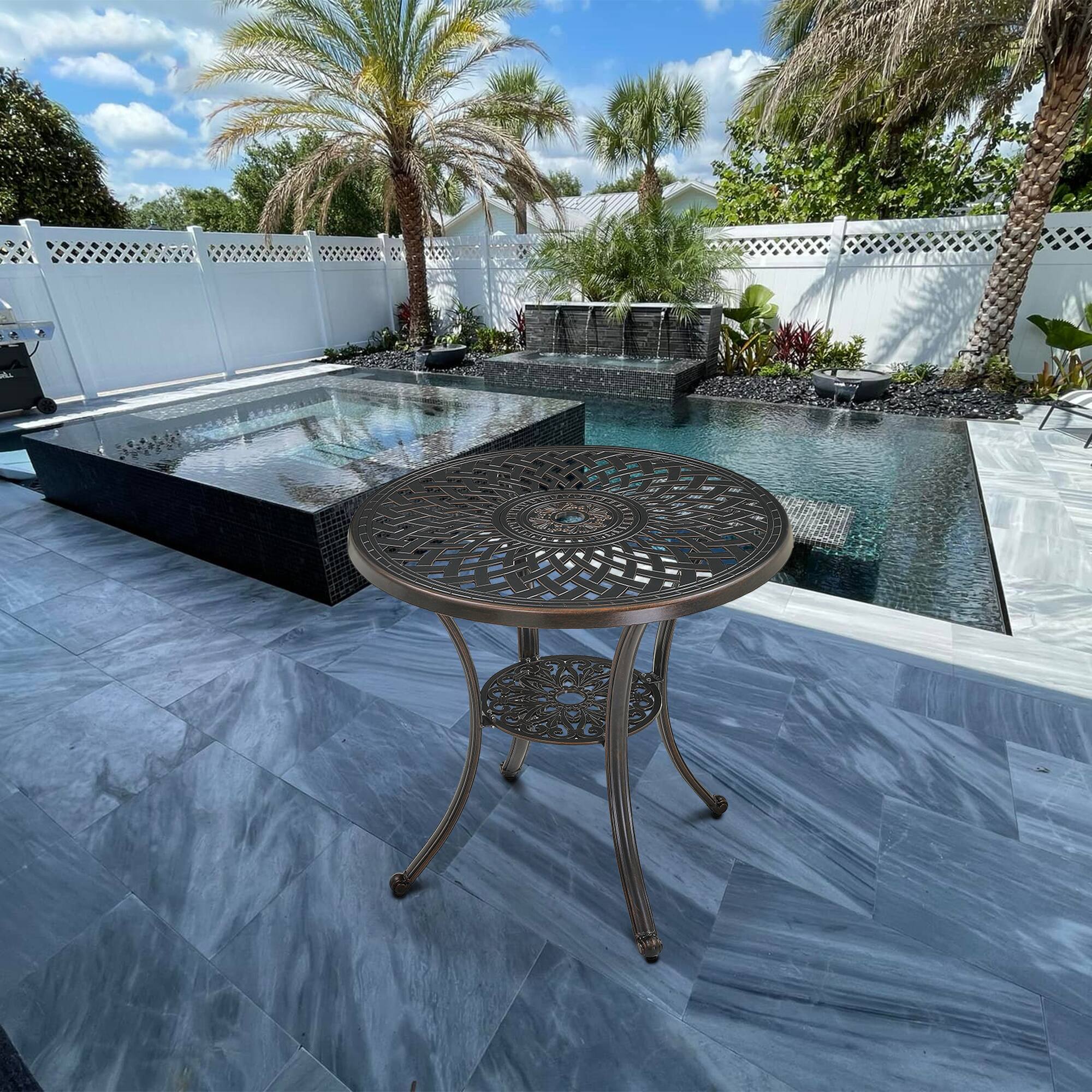 Left. Mondawe - Outdoor Cast Aluminum Round Patio Table with Umbrella Hole - Bronze.