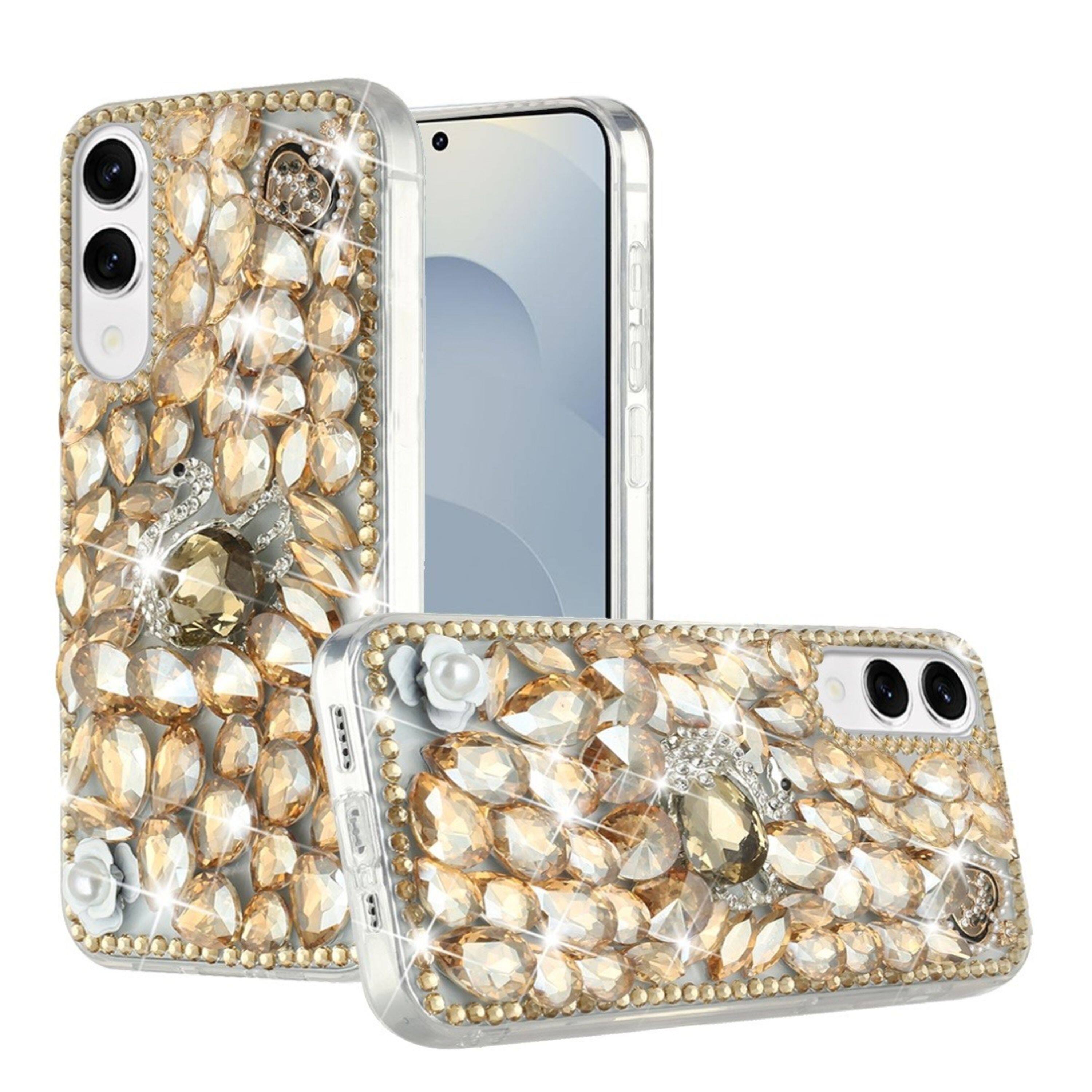 Angle. Kitcheniva - Full Diamond Bling 3D Jewel Ornaments With Tempered Glass For Samsung Galaxy S25 Edge Gold Swan Crown Pearl - Multicolor.