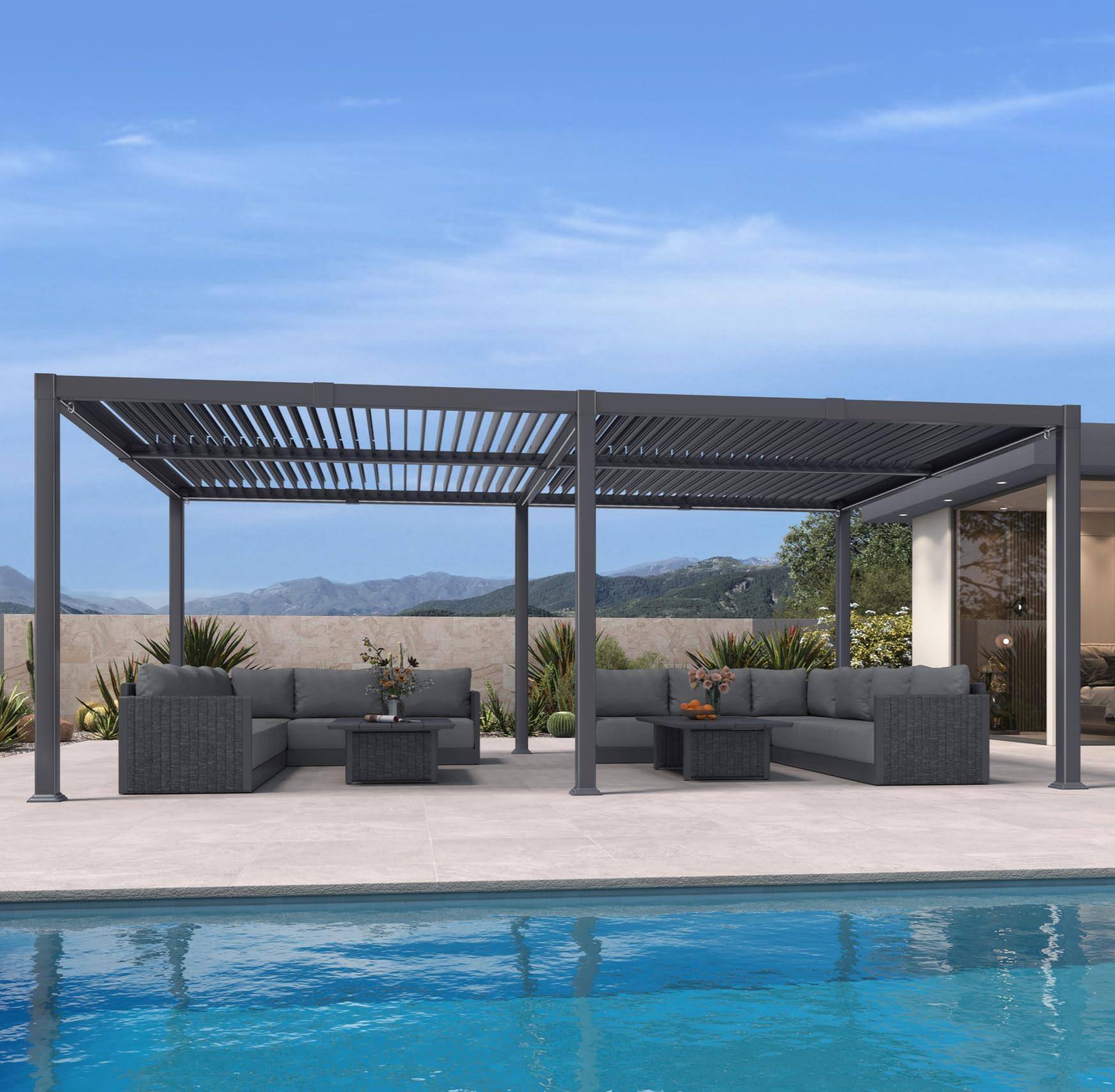 Angle. PURPLE LEAF - Louvered Pergola with LED Strip Lights Outdoor Gray Aluminum Hardtop Gazebo with Adjustable Roof for Patio Garden Yard - 13' X 20'.