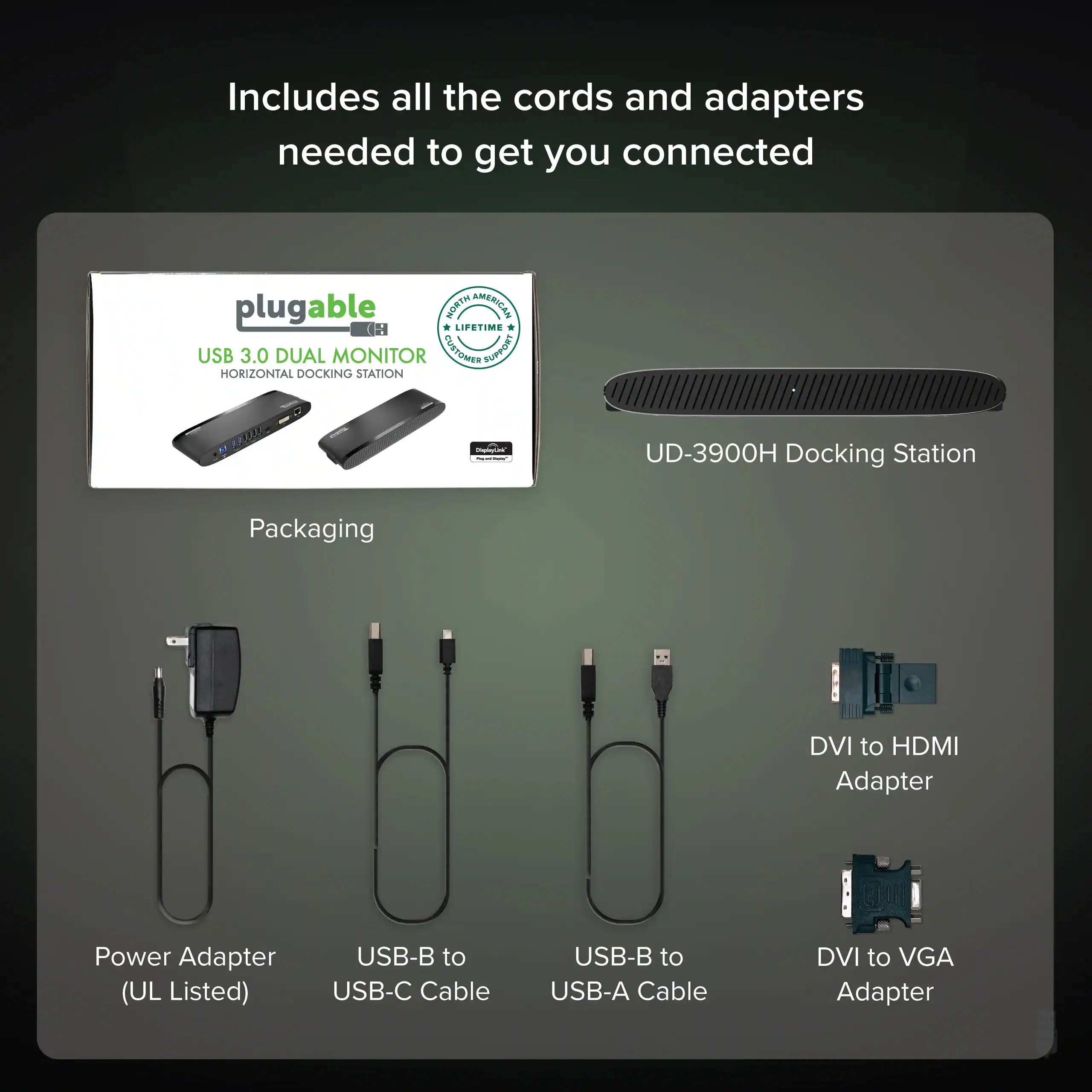 Includes all the cords and adapters needed to get you connected

plugable
USB 3.0 DUAL MONITOR
HORIZONTAL DOCKING STATION

North American
LIFETIME
WARRANTY

UD-3900H Docking Station

Packaging

Power Adapter (UL Listed)
USB-B to USB-C Cable
USB-B to USB-A Cable
DVI to HDMI Adapter
DVI to VGA Adapter