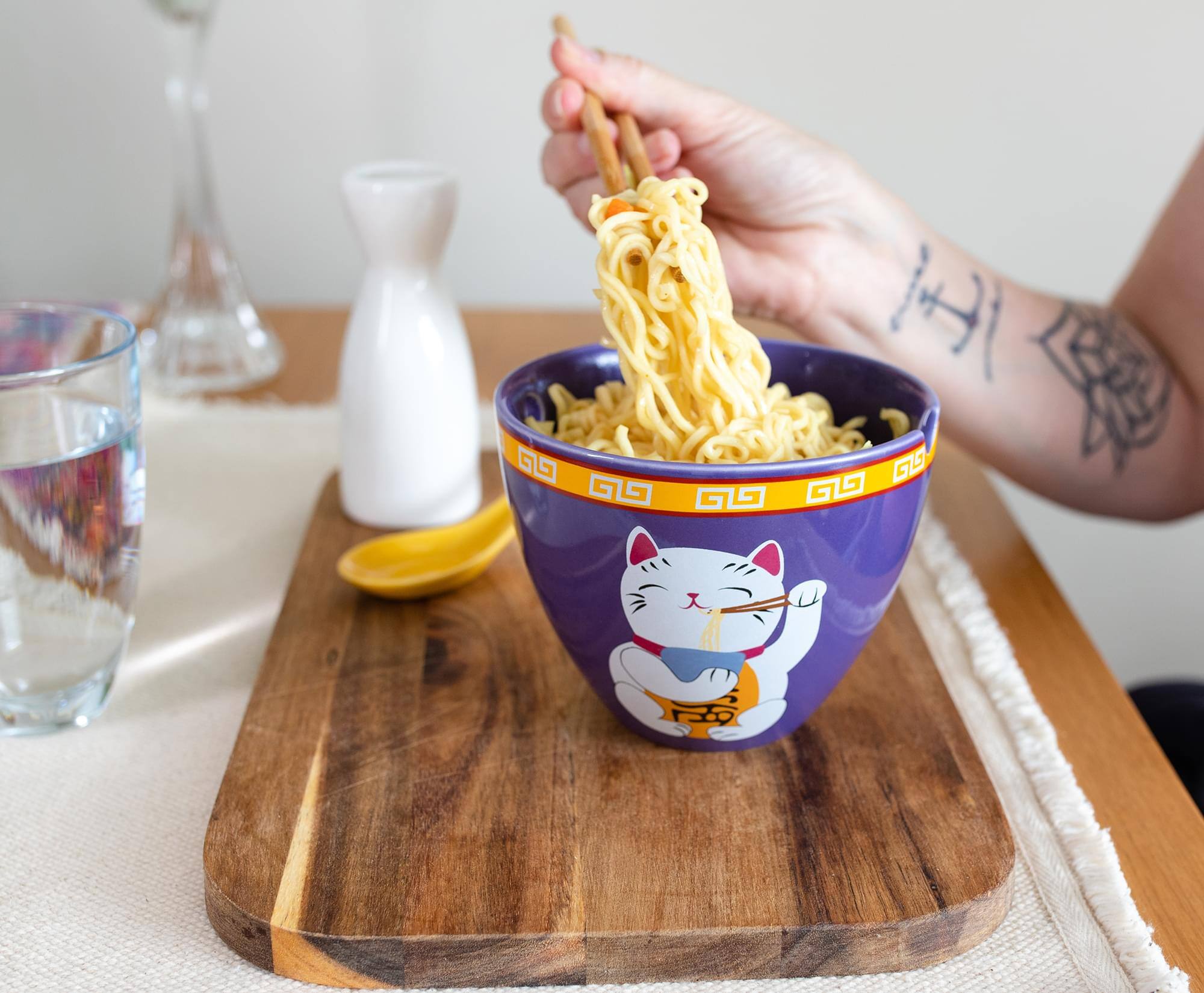 Alt View 2. Boom Trendz - Bowl Bop Purple Lucky Cat Japanese Dinner Set | 16-Ounce Ramen Bowl, Chopsticks - Purple.