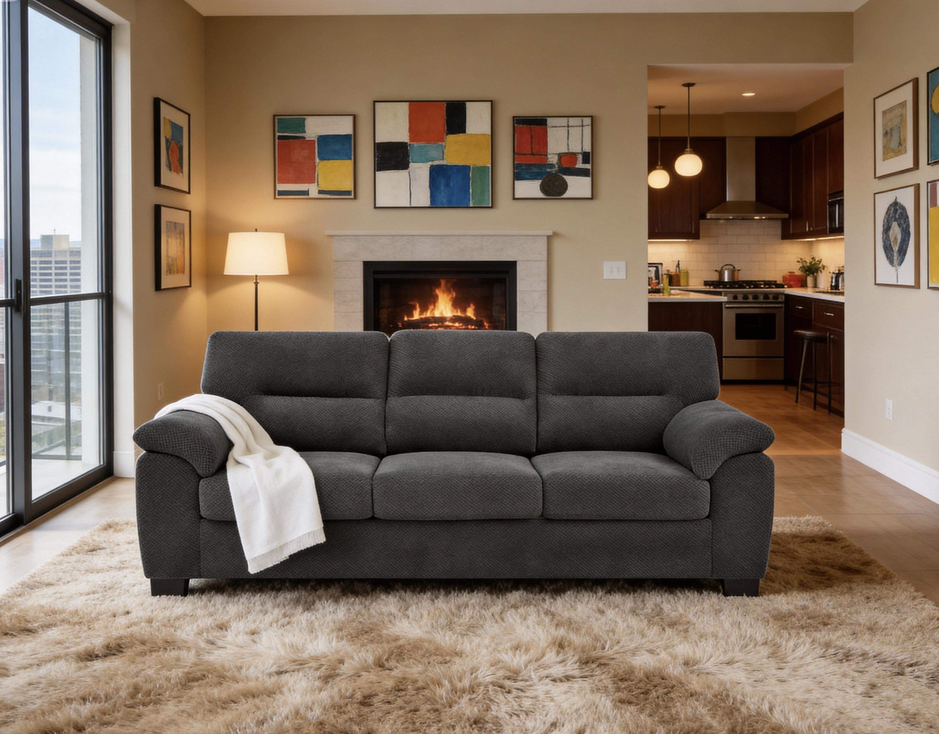 Left. Roomtec - 3Seater Sofa Dark Gray Upholstered Couch Modern Living Room Furniture Textured Fabric Sofa Minimalist Settee - Dark Gray.