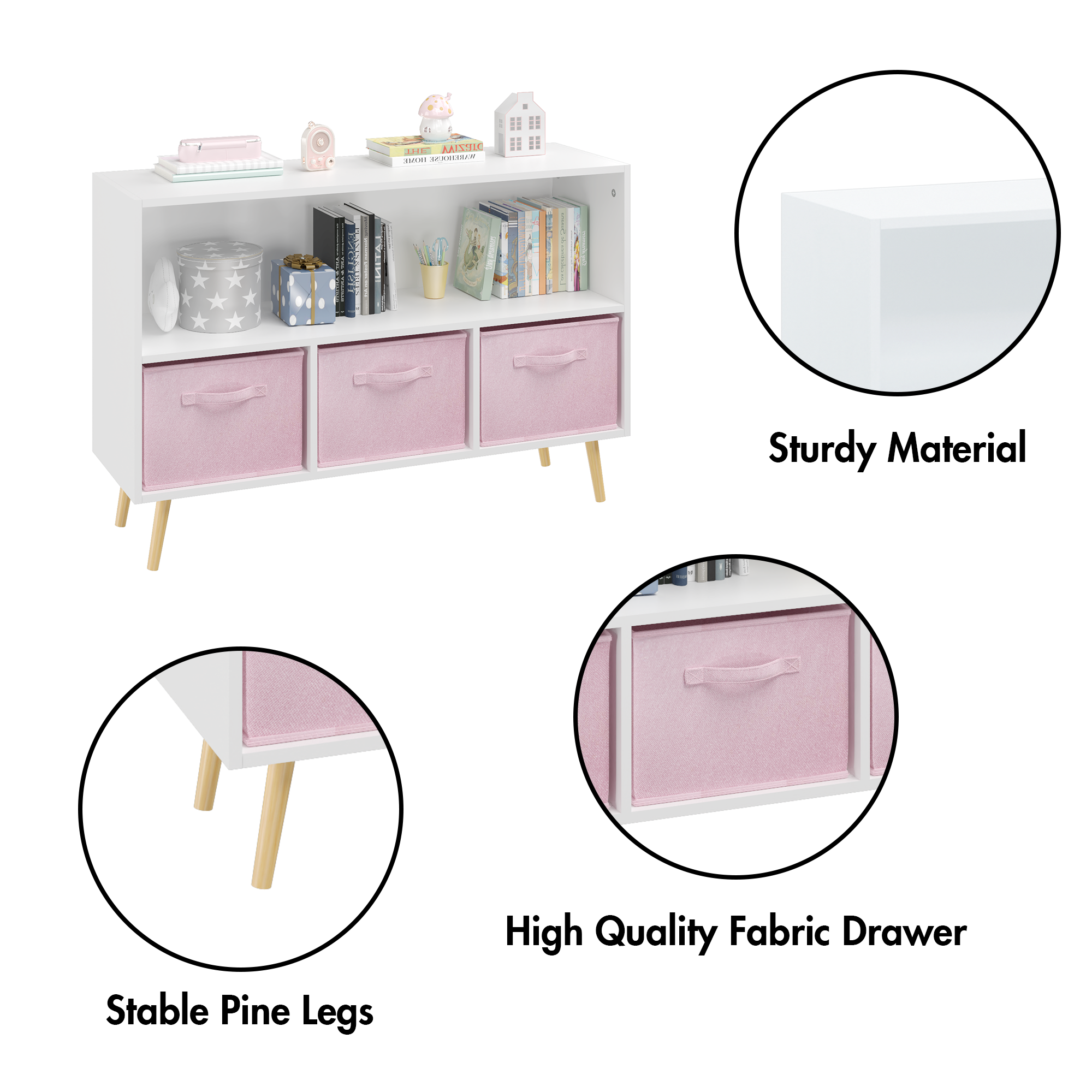 - Sturdy Material
- Stable Pine Legs
- High Quality Fabric Drawer