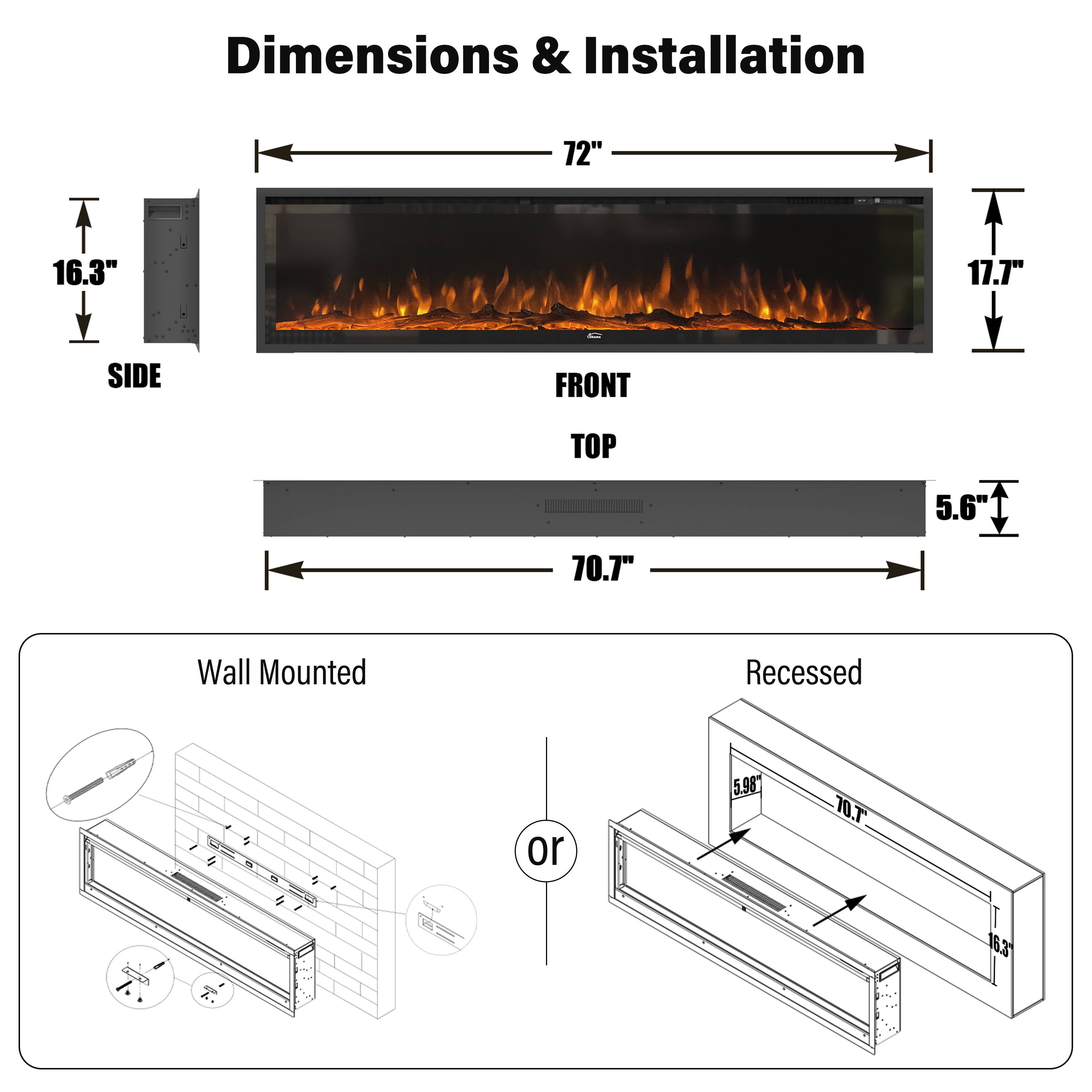Dimensions & Installation

- Width: 72"
- Front Depth: 17.7"
- Side Depth: 16.3"
- Top Depth: 5.6"
- Overall Depth: 70.7"

Wall Mounted or Recessed

- Wall Mounted: 70.7" wide
- Recessed: 70.7" wide, 5.98" deep