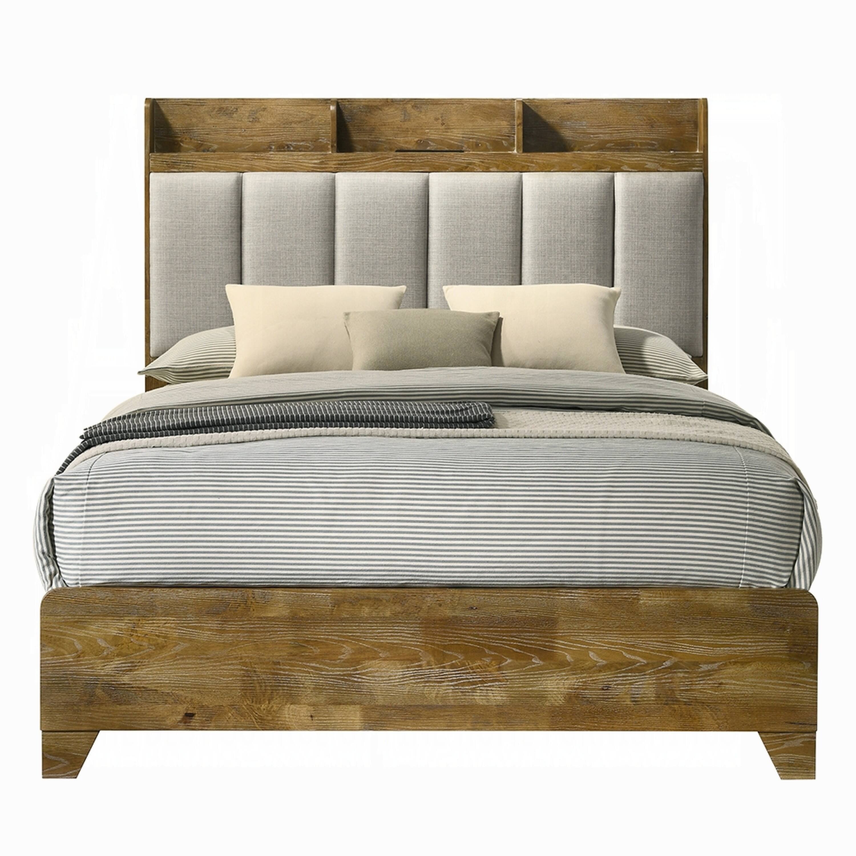 Alt View 1. Manhattan Lane - Gary Queen Size Bed with Tufted Headboard and USB Ports, Aspen Brown Wood - Light Aspen Brown, Gray.