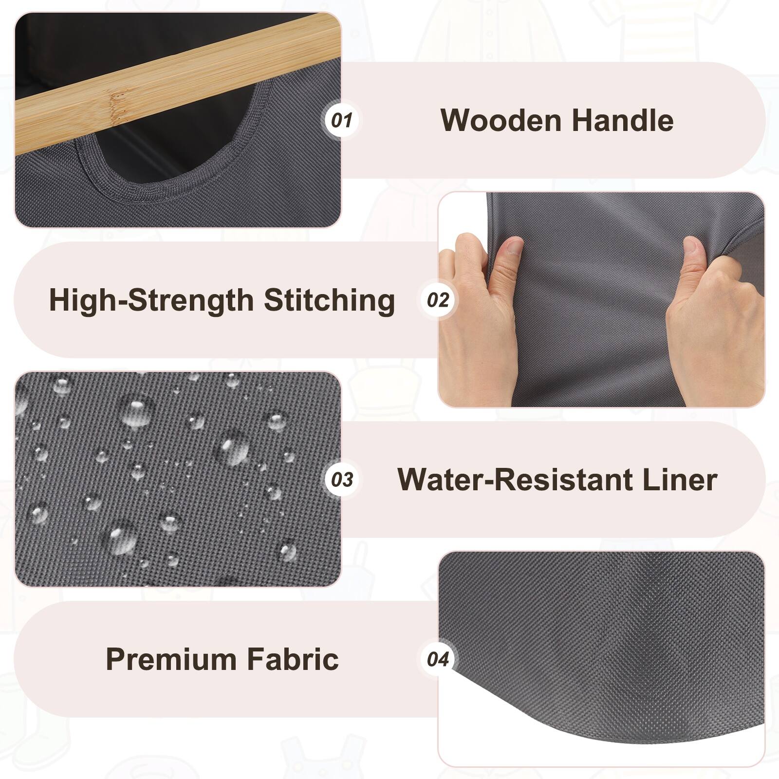 01 Wooden Handle  
02 High-Strength Stitching  
03 Water-Resistant Liner  
04 Premium Fabric