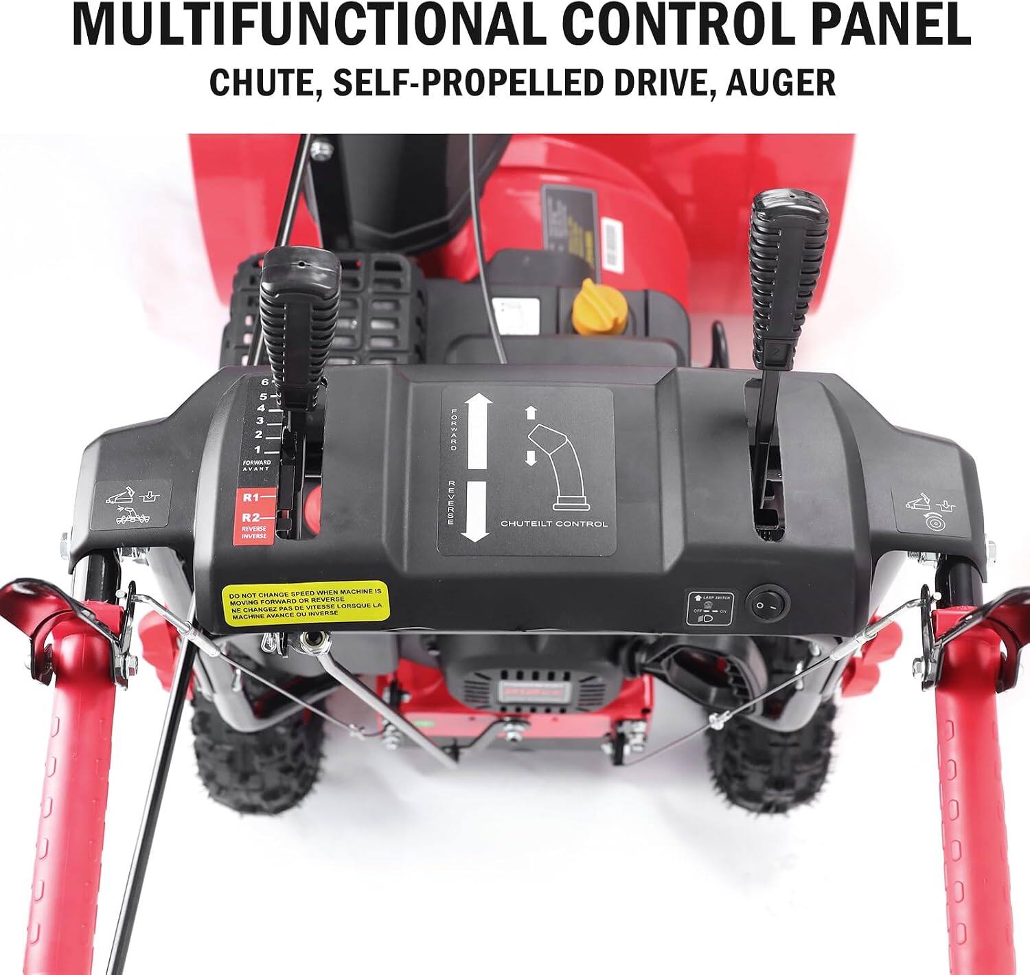 MULTIFUNCTIONAL CONTROL PANEL  
CHUTE, SELF-PROPELLED DRIVE, AUGER  

FORWARD AYART R1 R2 NEVERSE INVERSE  
FORWARD REVERSE  
CHUTEILT CONTROL  

SPECO WHEN MACHINE 15 DO GRANGE MOVING FORWARD LIVE REVERSE VITESSE UNSQUE FUEL SHANGEZ PAS WARCE COMICIN INVERSE