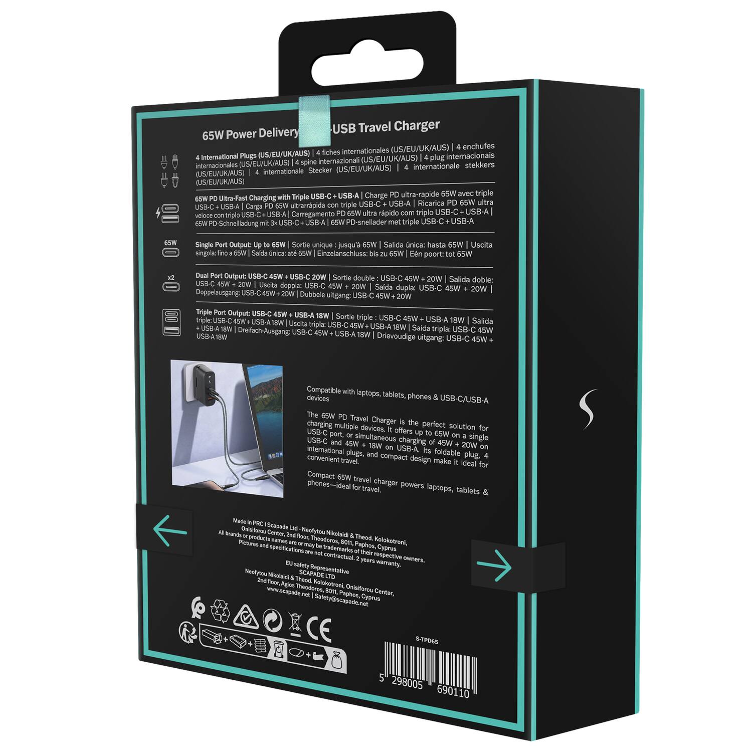 Delivery USB Travel Charger 65W Power (US/EU/UK/AUS)  
4 fiches internationales (US/EU/UK/AUS)  
4 international plugs (US/EU/UK/AUS)  
4 internationale Stecker (US/EU/UK/AUS)  
4 stekkers internacionais (US/EU/UK/AUS)  
4 plugi internazionali (US/EU/UK/AUS)  
4 plug internationaux (US/EU/UK/AUS)  
4 internationale stekkers (US/EU/UK/AUS)  

65W PD Ultra-Fast Charging with Triple USB-C + USB-A  
65W PD Ultra-rapide avec triple USB-C + USB-A  
65W PD Ultra-rapida con triple USB-C + USB-A  
65W PD Ultra-rapido con triple USB-C + USB-A  
65W PD Ultra-rapide con triple USB-C + USB-A  
65W PD Ultra-rapide con triple USB-C + USB-A  

Single Port Output up to 65W  
Sortie unique jusqu'à 65W  
Salida única: hasta 65W  
Usc