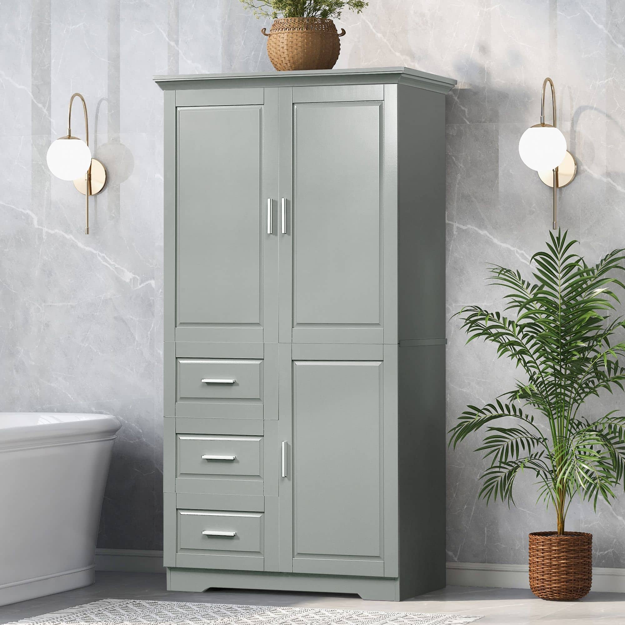 Mirfee - Tall Wide Storage Cabinet with Doors, 3 Drawers, for Bathroom Office - Gray