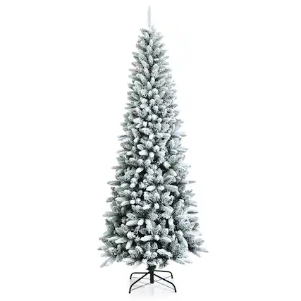 Front. Costway - 7.5ft Snow-Flocked Hinged Artificial Christmas Pencil Tree w/ 1189 Mixed Tips - Green/White.