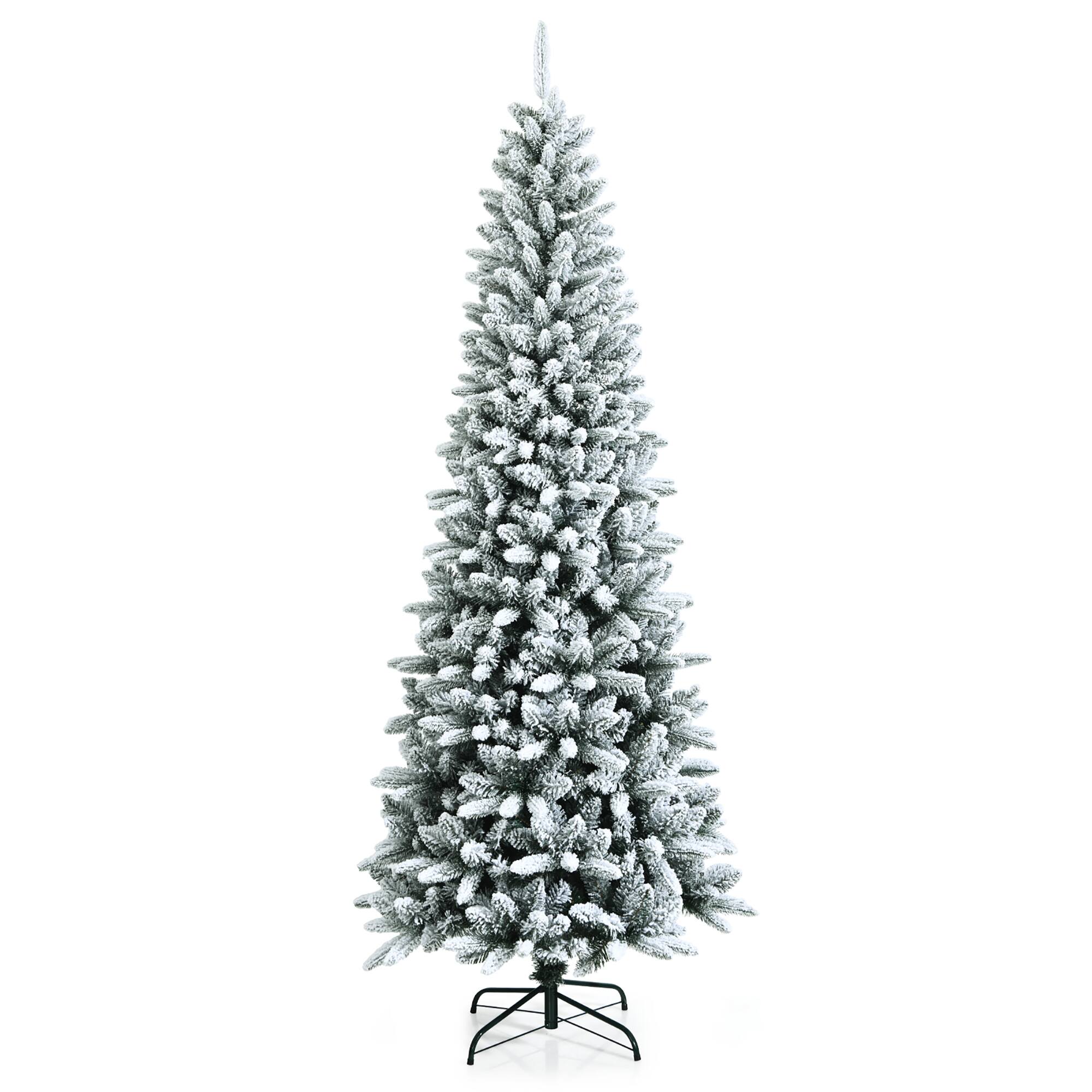 Costway - 7.5ft Snow-Flocked Hinged Artificial Christmas Pencil Tree w/ 1189 Mixed Tips - Green/White