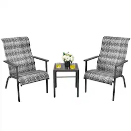 Costway - 3 PCS Patio Rattan Bistro Set High Backrest Armrest SideTable - Mix Gray