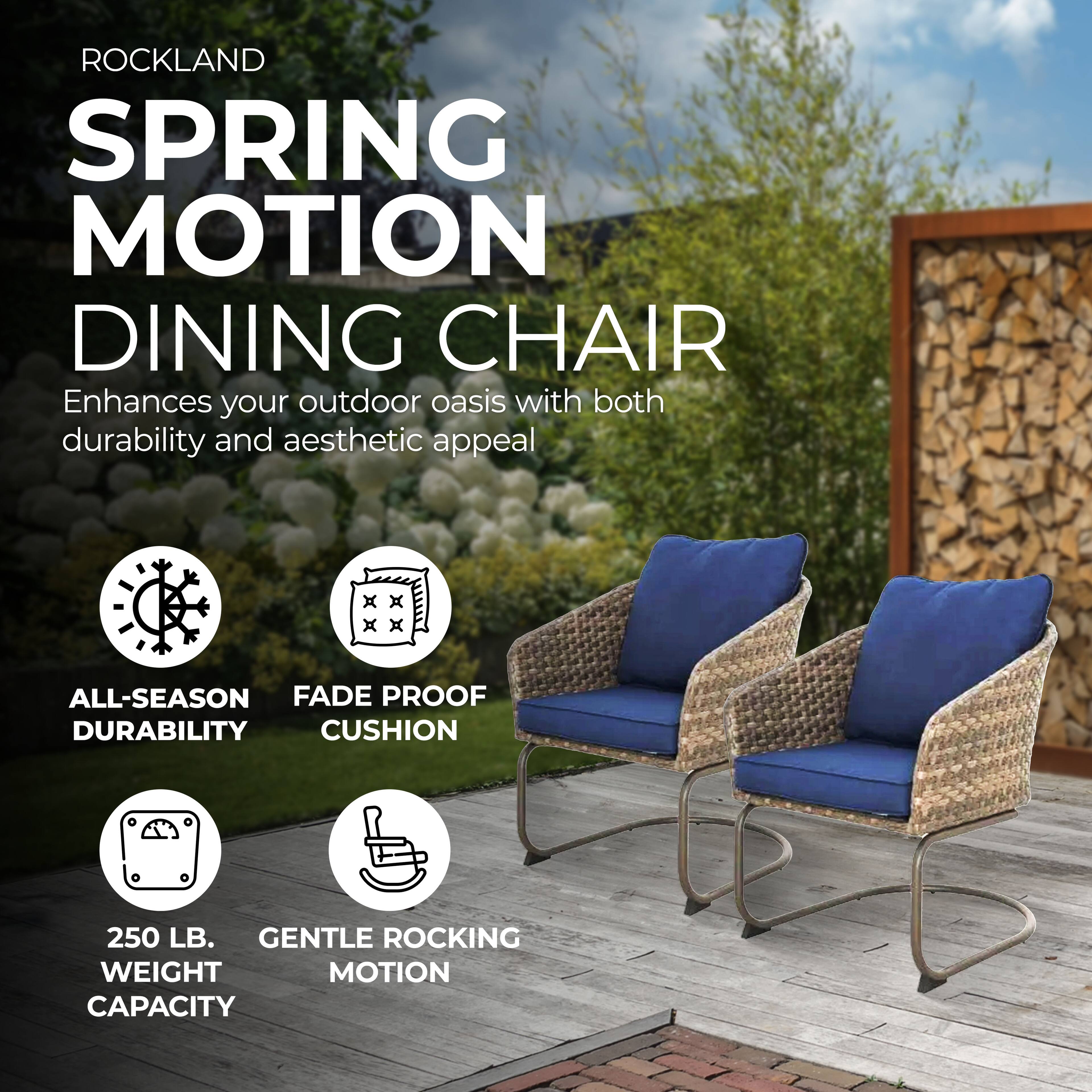 ROCKLAND SPRING MOTION DINING CHAIR

Enhances your outdoor oasis with both durability and aesthetic appeal

- ALL-SEASON DURABILITY
- FADE PROOF CUSHION
- 250 LB. WEIGHT CAPACITY
- GENTLE ROCKING MOTION