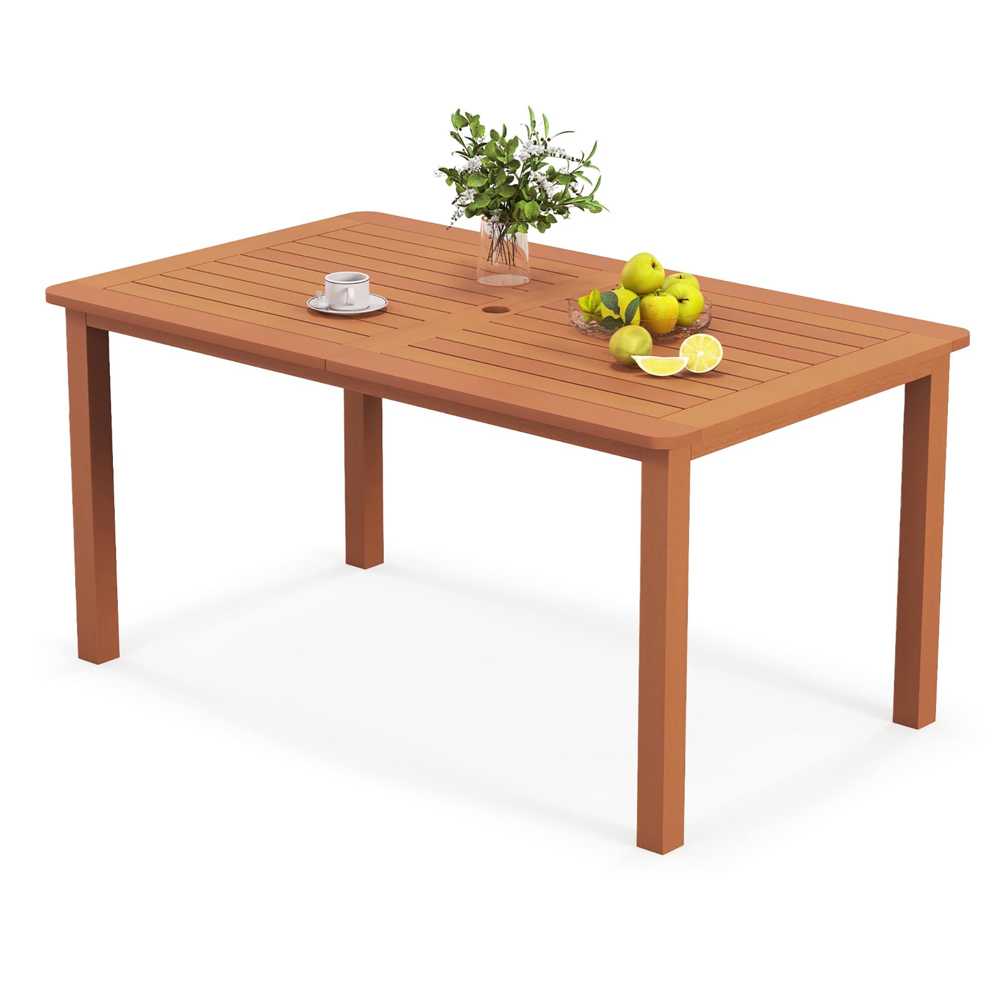 Alt View 9. Gymax - Gymax Patio Solid Wood Dining Table w/ Umbrella Hole Teak Oil Finish Rectangular - Natural.