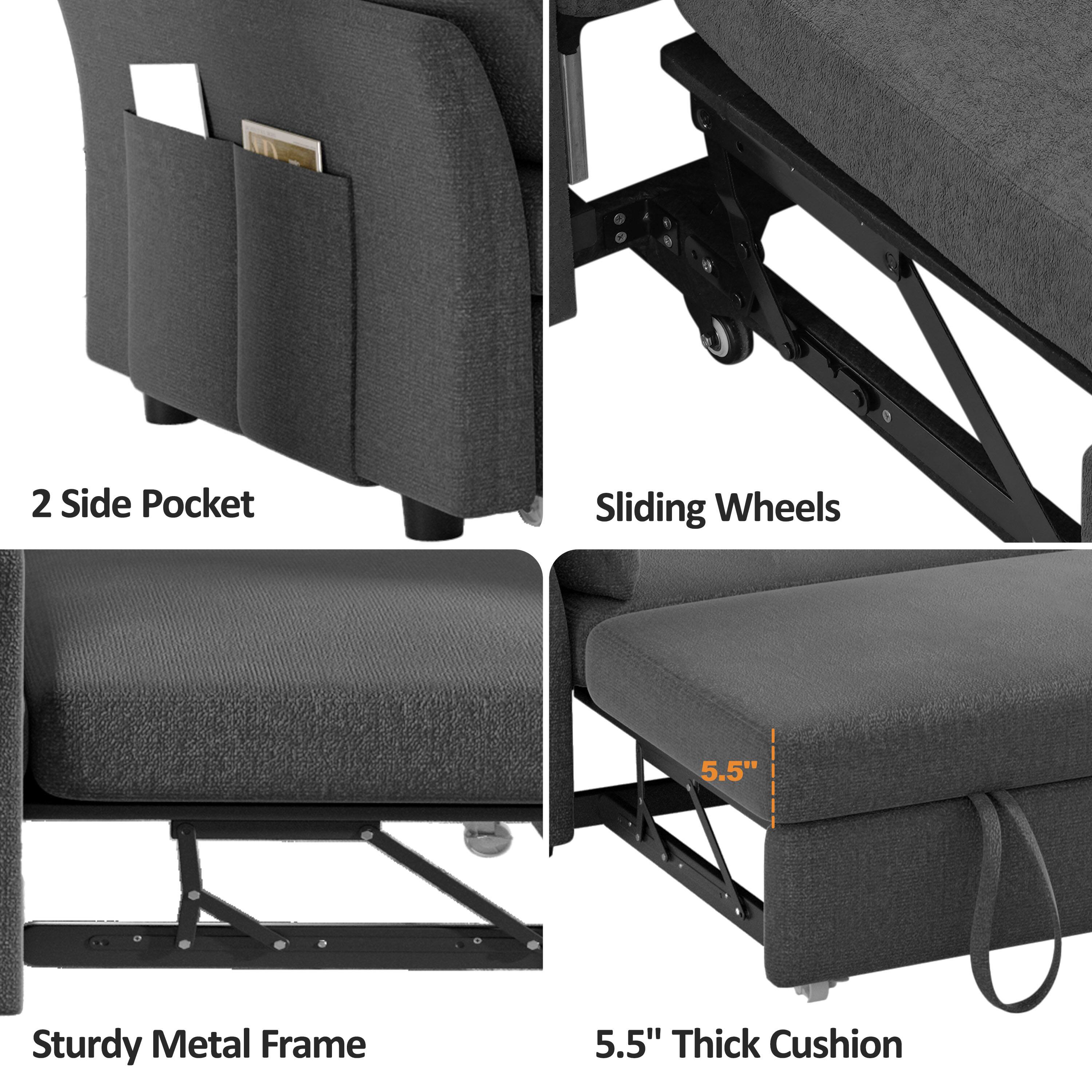 2 Side Pocket  
Sliding Wheels  
Sturdy Metal Frame  
5.5" Thick Cushion