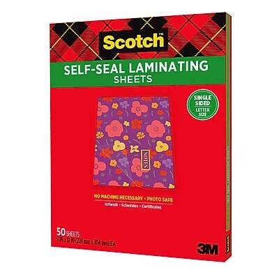 Scotch SELF-SEAL LAMINATING SHEETS  
SINGLE SIDED LETTER SIZE  
NOTES  
NO MACHINE NECESSARY PHOTO SAFE  
Artwork Schedules Certificates  
50 SHEETS 9" x 12" (228 mm x 304 mm) EA  
3M