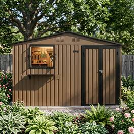 Loheer - 10x8 FT Outdoor Metal Storage Shed with Window Lockable Double Doors Waterproof Garden Tool Shed Brown Black