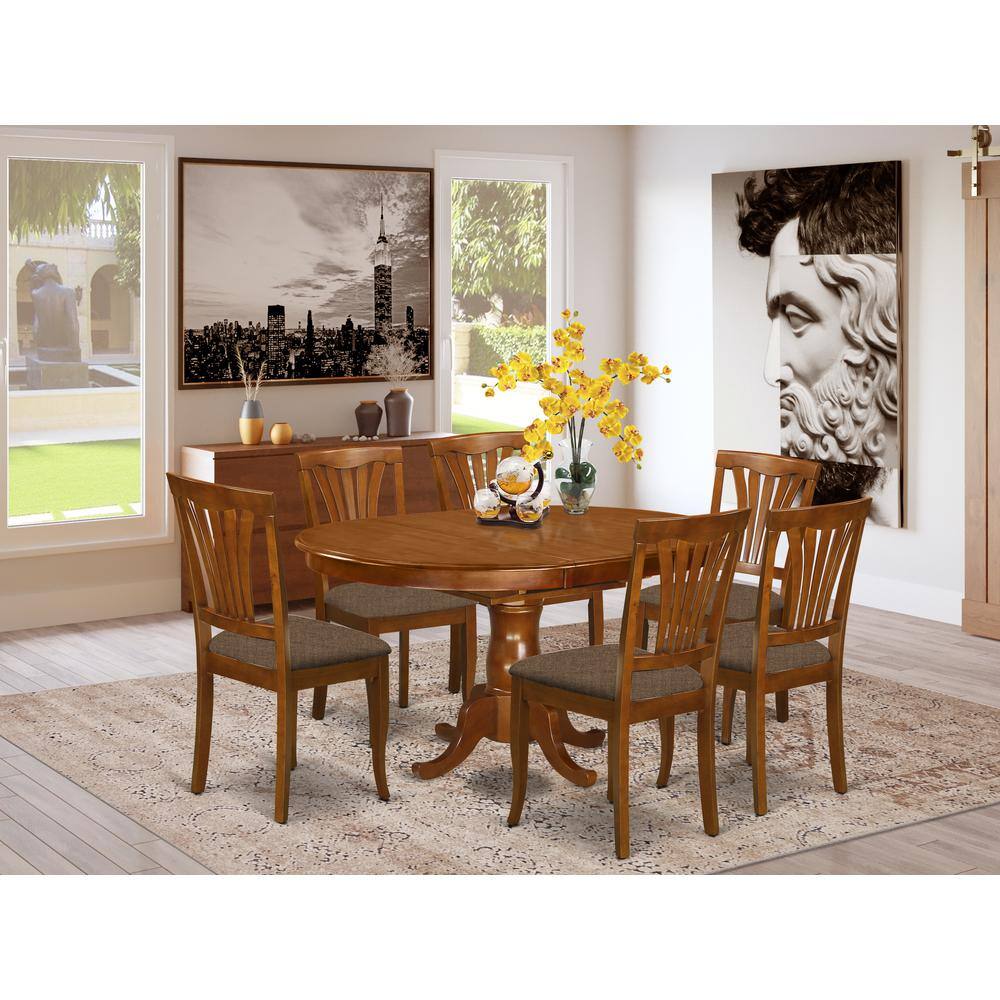 Left. East West Furniture - POAV7-SBR-C 7 Pc Dining room set for 6- Kitchen dinette Table and 6 Dining Chairs - Saddle Brown.