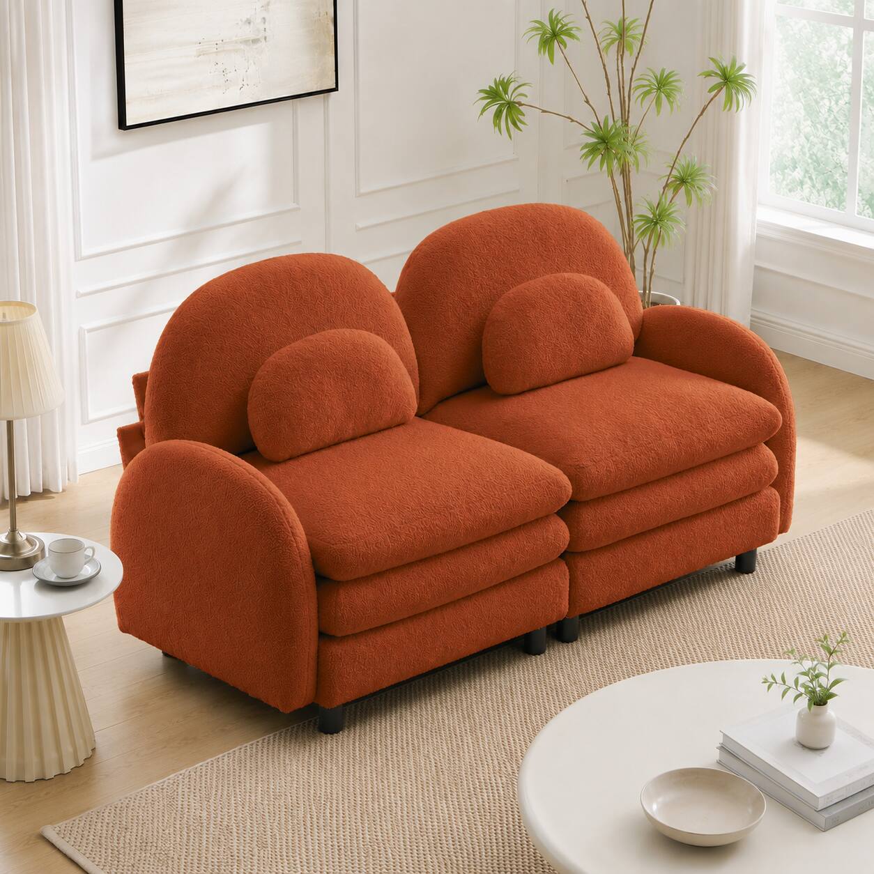 Angle. Anysun - Teddy Fabric Cloud-Like Loveseat Sofa: Curved Back, Armrest, Lumbar Pillows, Modular 2-Seater, Double-Layer Cushion - Orange.