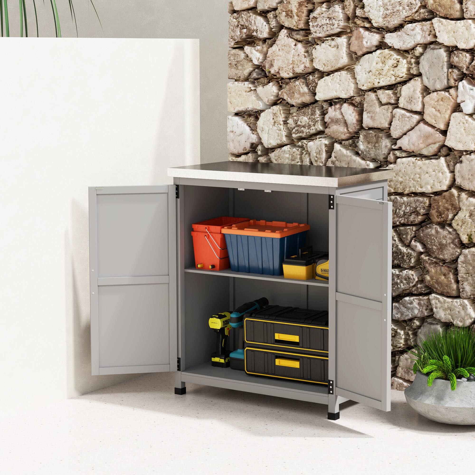 Alt View 7. Outsunny - Outdoor Storage Cabinet, Wooden Tool Storage Box with Metal Tabletop and Shelf, Potting Bench Table with Double Doors.