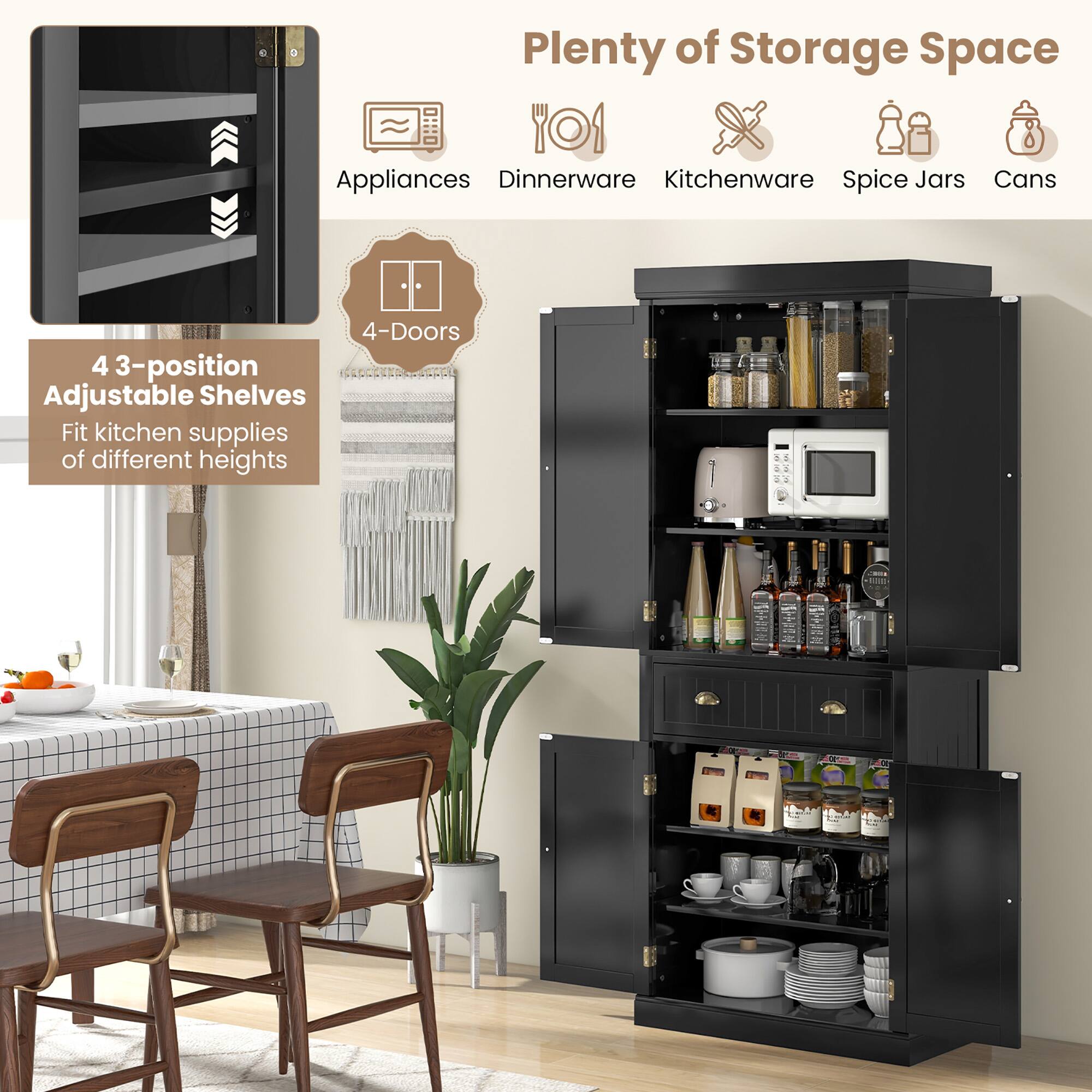 Plenty of Storage Space

Appliances Dinnerware Kitchenware Spice Jars Cans

4 3-position Adjustable Shelves Fit kitchen supplies of different heights

4-Doors