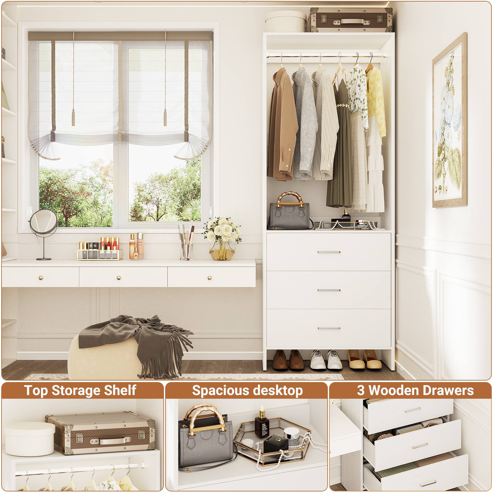 Top Storage Shelf  
Spacious desktop  
3 Wooden Drawers