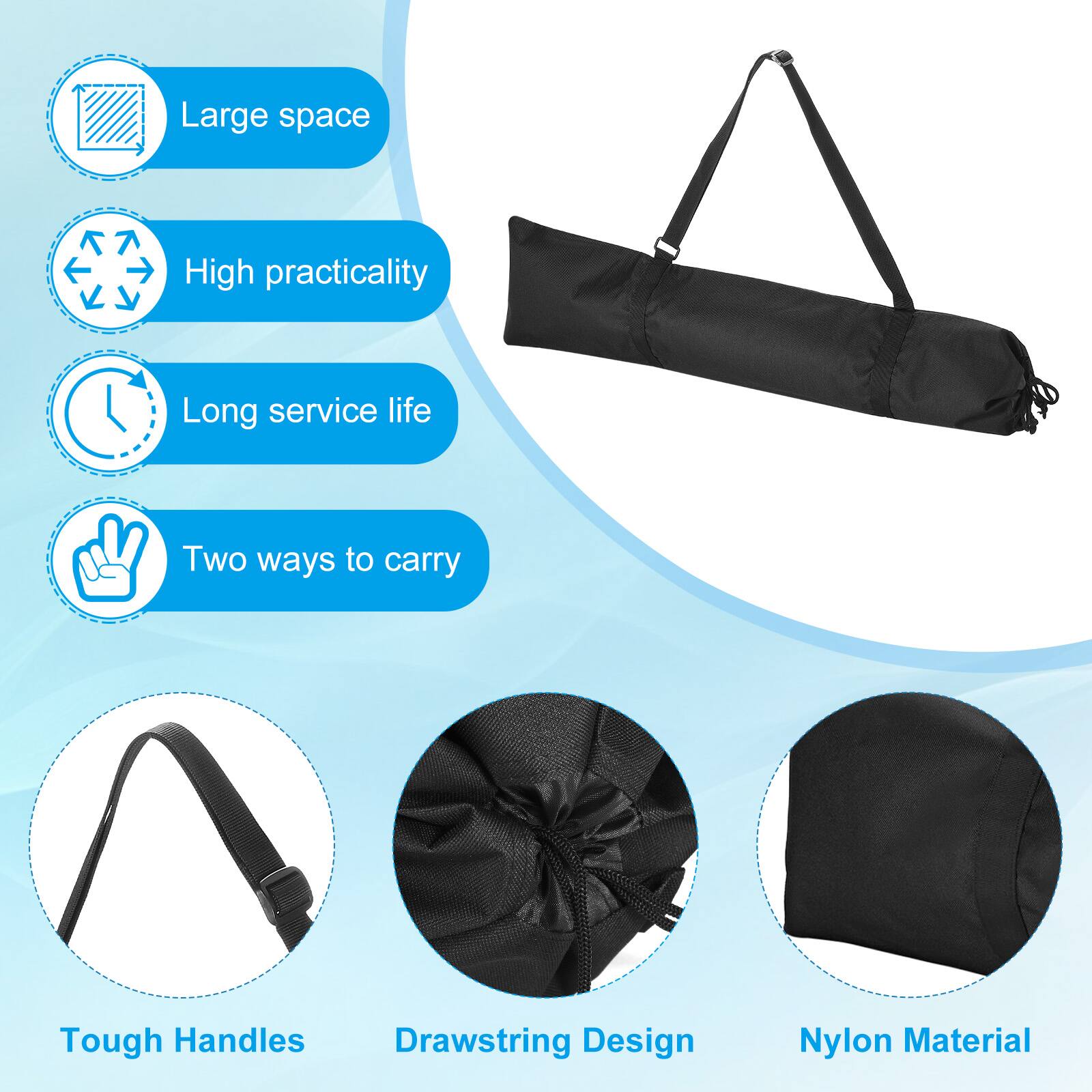 - Large space
- High practicality
- Long service life
- Two ways to carry
- Tough Handles
- Drawstring Design
- Nylon Material