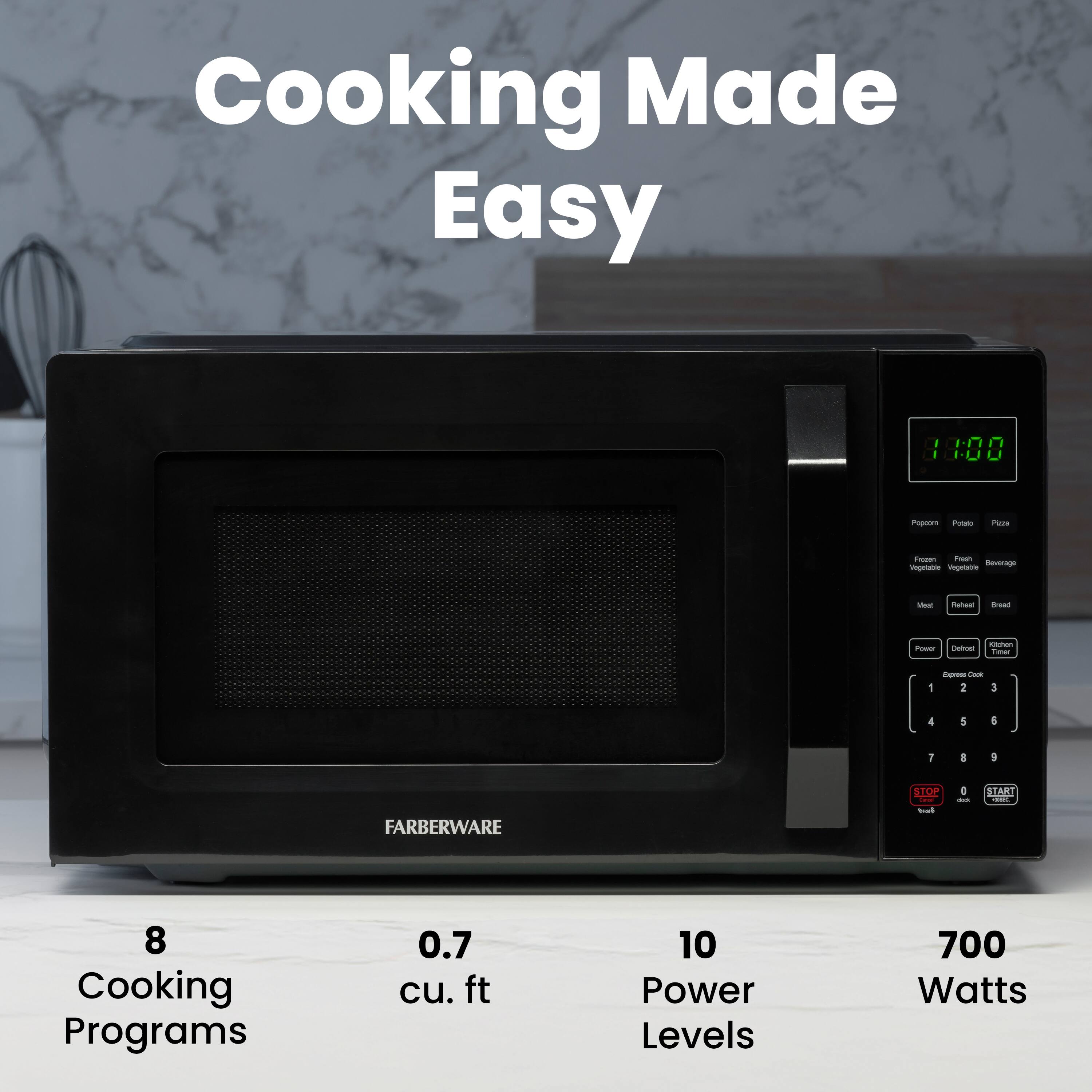 Cooking Made Easy

FARBERWARE S10E

8 Cooking Programs  
0.7 cu. ft  
10 Power Levels  
700 Watts