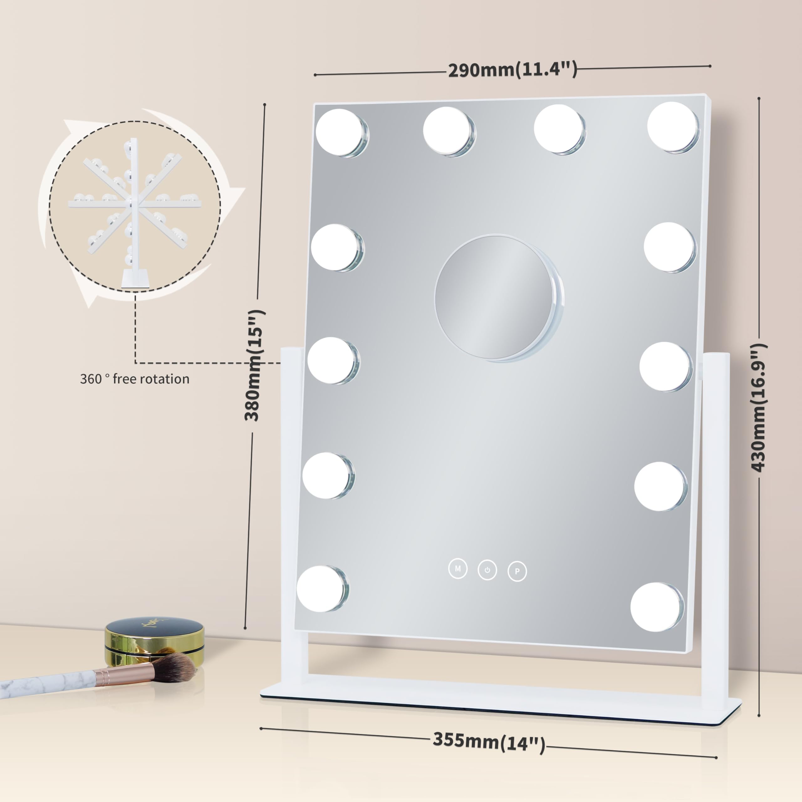 - 290mm (11.4")
- 360° free rotation
- 380mm (15")
- 430mm (16.9")
- 355mm (14")