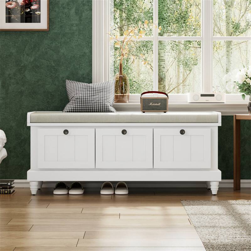 Alt View 5. HTUTWOO - Shoe Storage Bench for Living Room Entryway Hallways - Bench with Cushion and Three Drawers, Fluted Entryway Bench - White.