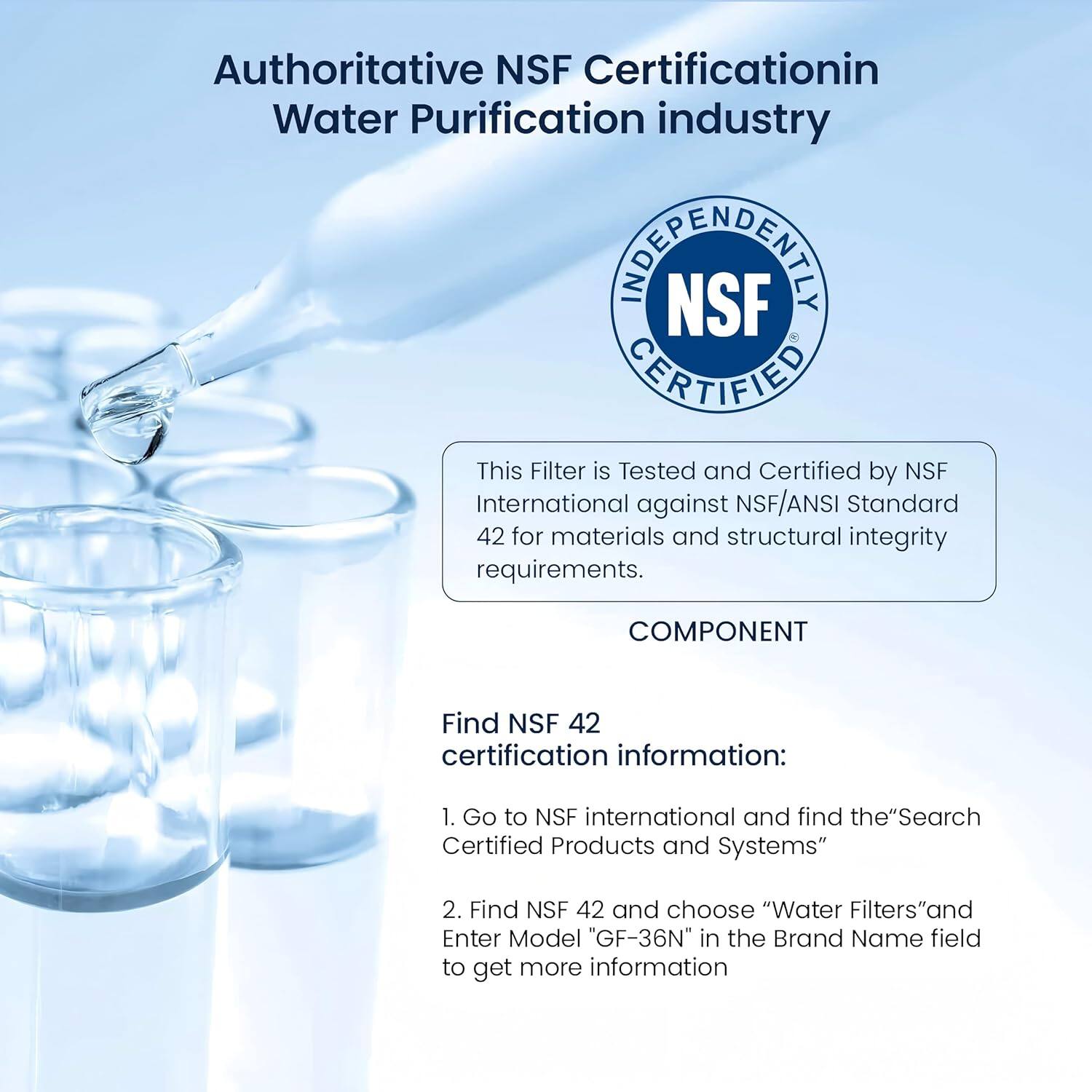 Authoritative NSF Certification in Water Purification Industry

This Filter is Tested and Certified by NSF International against NSF/ANSI Standard 42 for materials and structural integrity requirements.

Find NSF 42 certification information:

1. Go to NSF international and find the "Search Certified Products and Systems"
2. Find NSF 42 and choose "Water Filters" and Enter Model "GF-36N" in the Brand Name field to get more information

INDEPENDENTLY CERTIFIED

COMPONENT