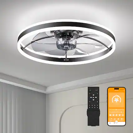 Front. Loheer - Loheer Smart Ceiling Fan with LED Light, 23.6 Inch Flush Mount, Quiet DC Motor, App and Remote Control, Black.