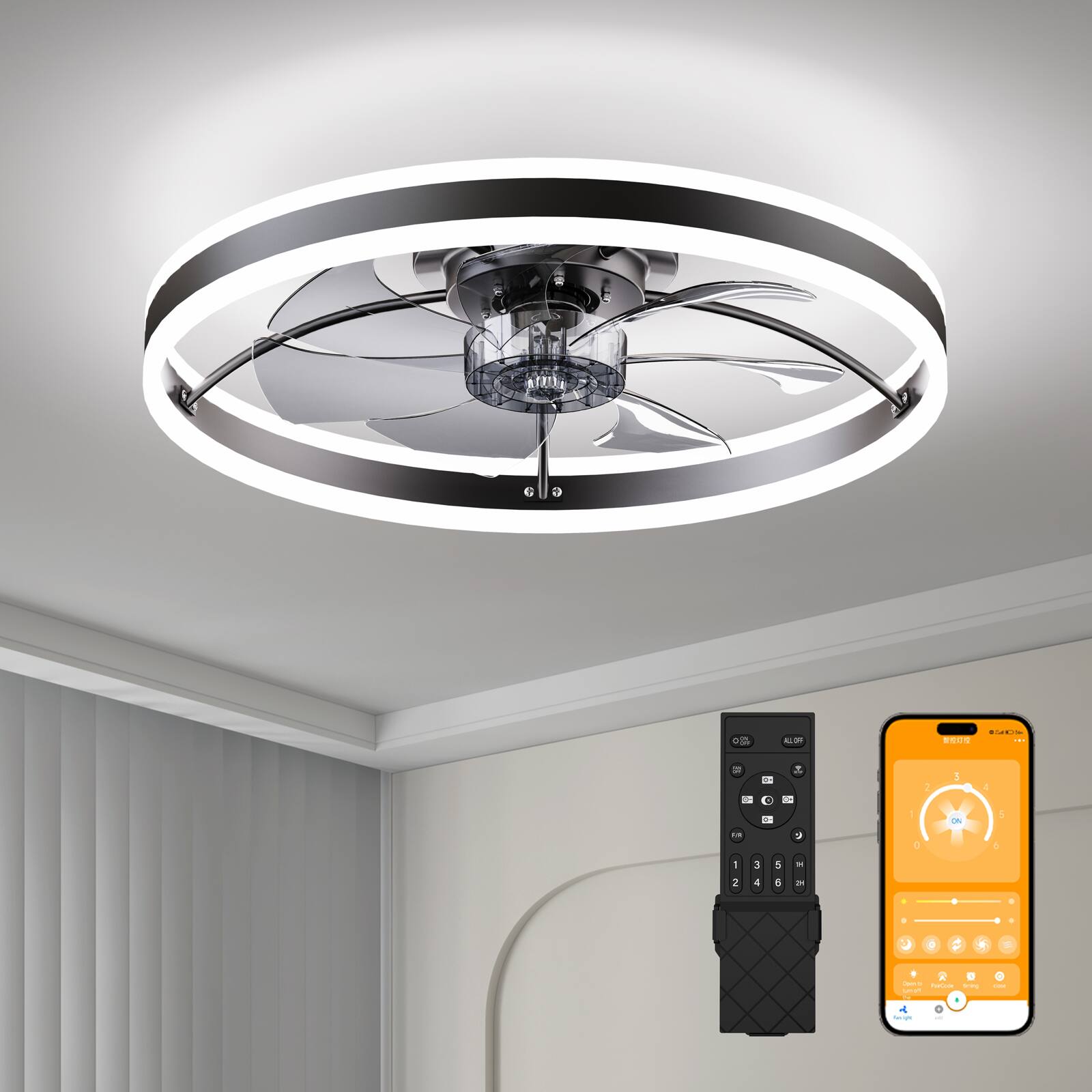 Front. Loheer - Loheer Smart Ceiling Fan with LED Light, 23.6 Inch Flush Mount, Quiet DC Motor, App and Remote Control, Black.