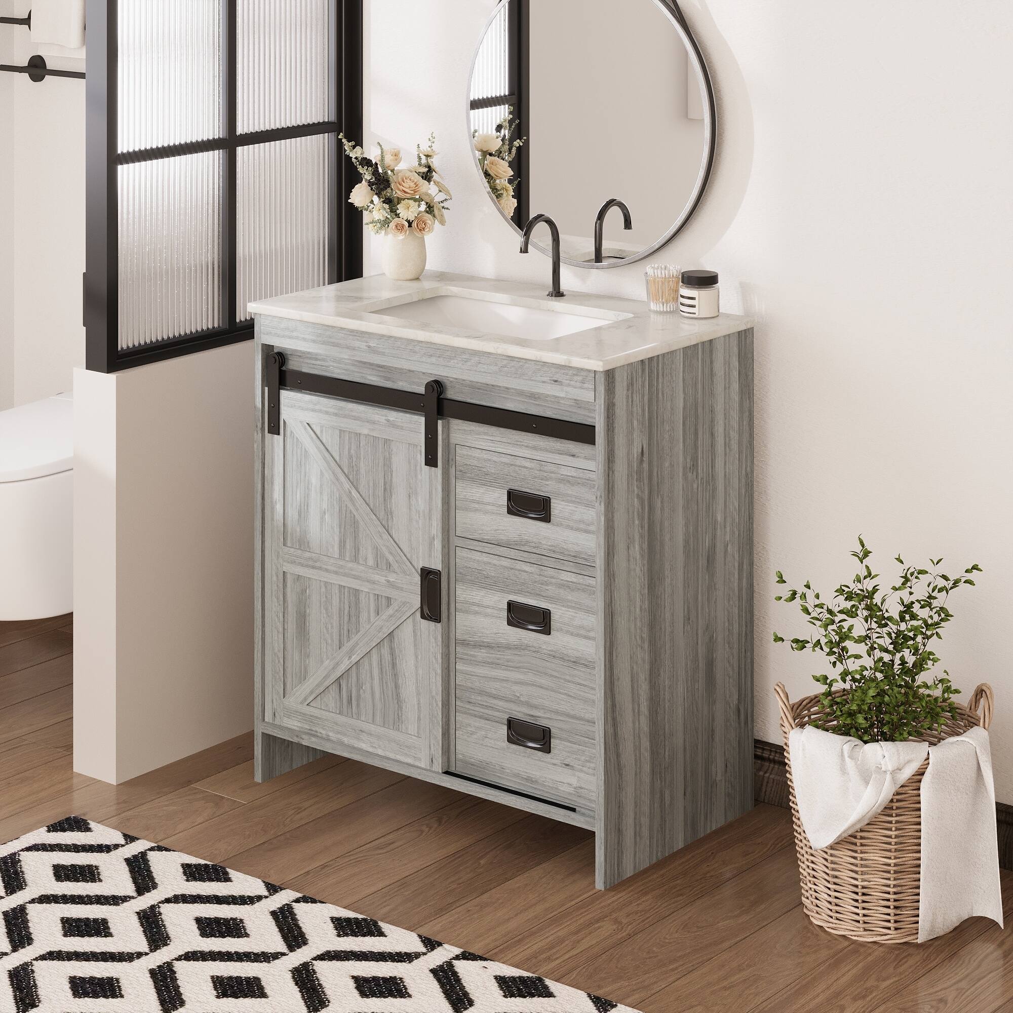 Alt View 6. U-HOMY - Farmhouse Bathroom Vanity with Ceramic Top and Sliding Barn Door, Rustic Single Sink Cabinet with Storage - 32".