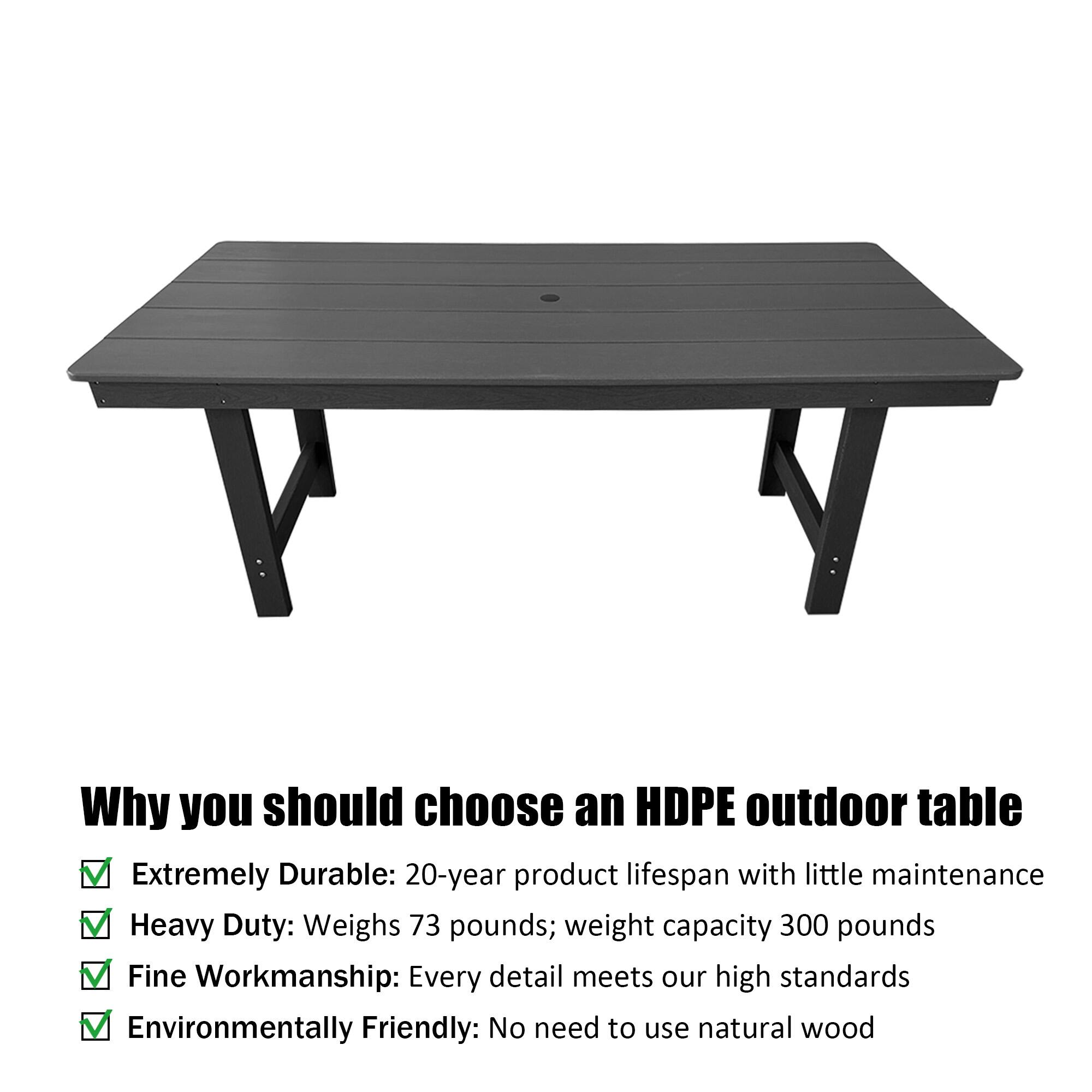 Why you should choose an HDPE outdoor table

- Extremely Durable: 20-year product lifespan with little maintenance
- Heavy Duty: Weighs 73 pounds; weight capacity 300 pounds
- Fine Workmanship: Every detail meets our high standards
- Environmentally Friendly: No need to use natural wood