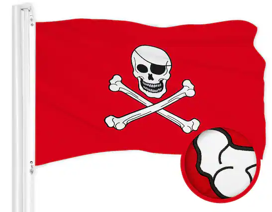 Front. G128 - Pirate Jolly Roger Bones Embroidered Flag — 1 x 1.5 ft, 300D Polyester. - red.