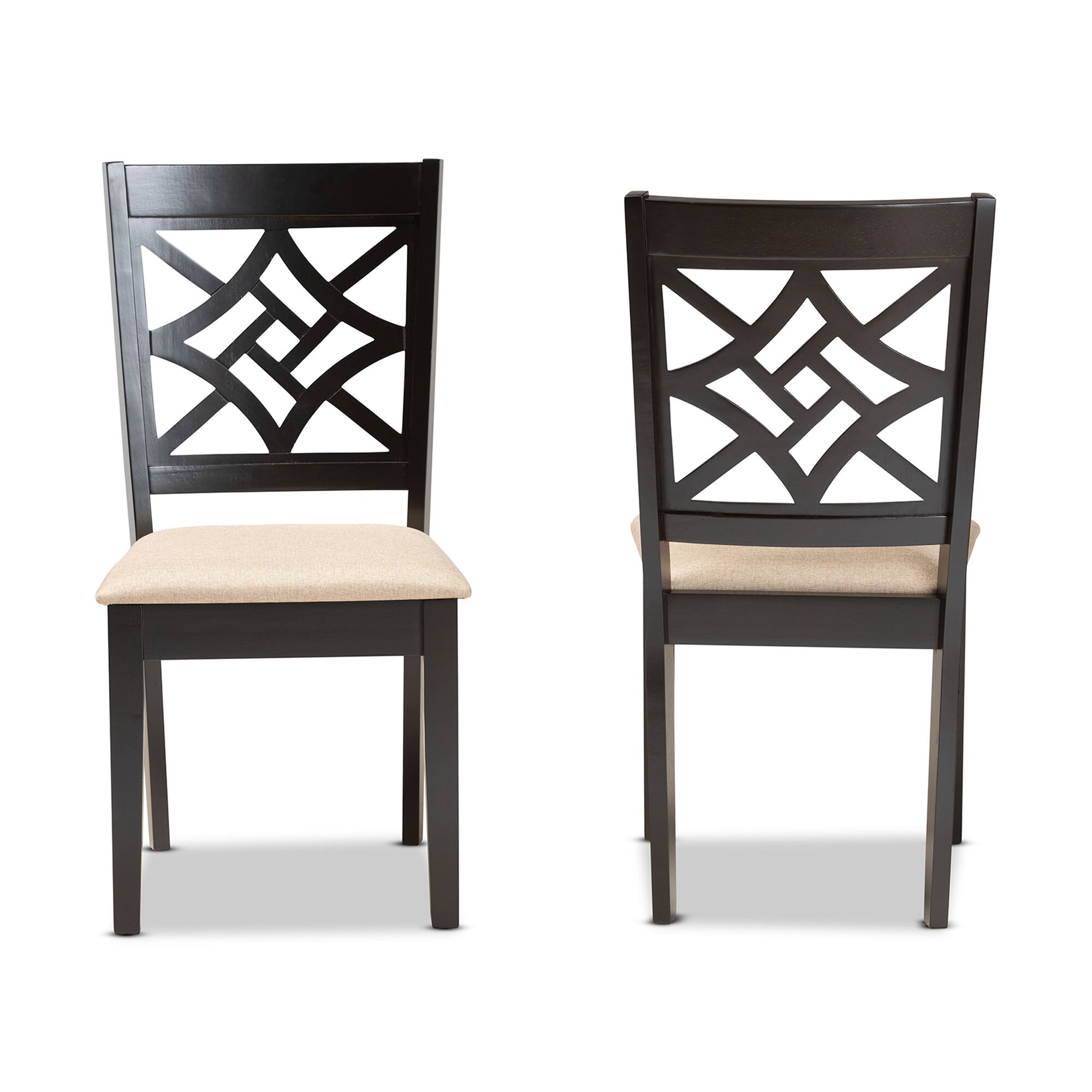 Angle. Baxton Studio - Nicolette Modern Fabric Upholstered and Finished Wood 2-Piece Dining Chair Set - Sand/Dark Brown.