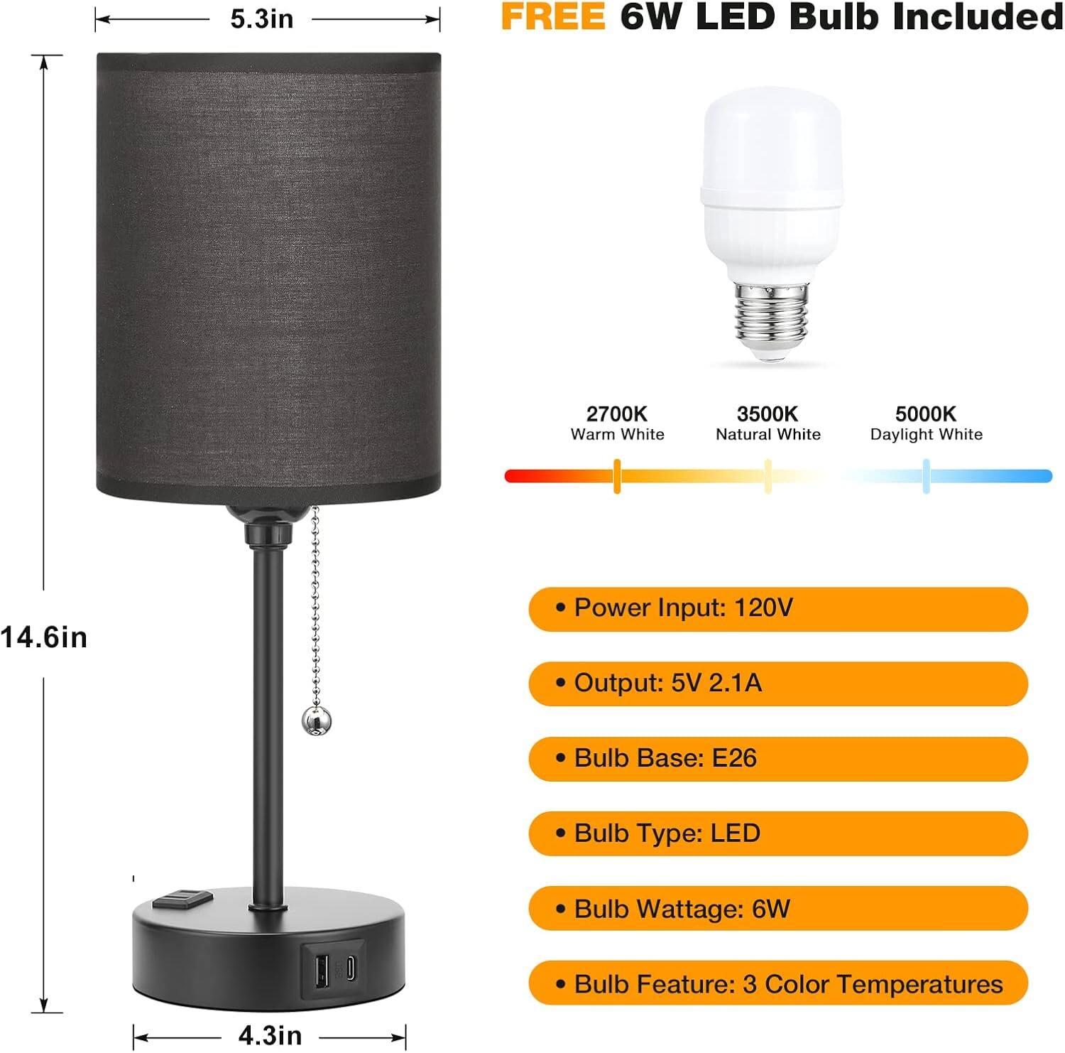 - **FREE 6W LED Bulb Included**
- **Dimensions:**
  - Height: 14.6in
  - Width: 5.3in
  - Base Diameter: 4.3in
- **Color Temperatures:**
  - 2700K Warm White
  - 3500K Natural White
  - 5000K Daylight White
- **Specifications:**
  - Power Input: 120V
  - Output: 5V 2.1A
  - Bulb Base: E26
  - Bulb Type: LED
  - Bulb Wattage: 6W
  - Bulb Feature: 3 Color Temperatures