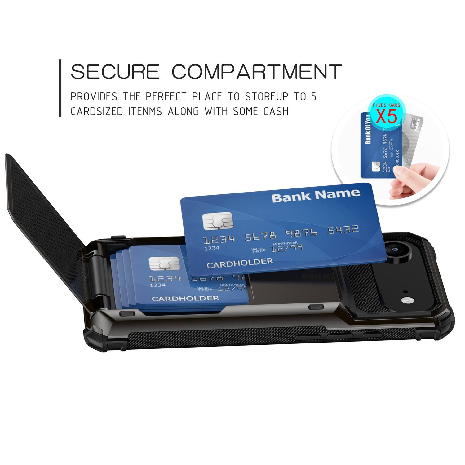 SECURE COMPARTMENT PROVIDES THE PERFECT PLACE TO STORE UP TO 5 CARDSIZED ITEMS ALONG WITH SOME CASH

FIVES CARS X5

Bank Name
1234 5678 9876 5432
MONTH/YEAR 12/99
CARDHOLDER 1234

1234 5678 9876 5432
MONTH/YEAR 12/99
CARDHOLDER 1234