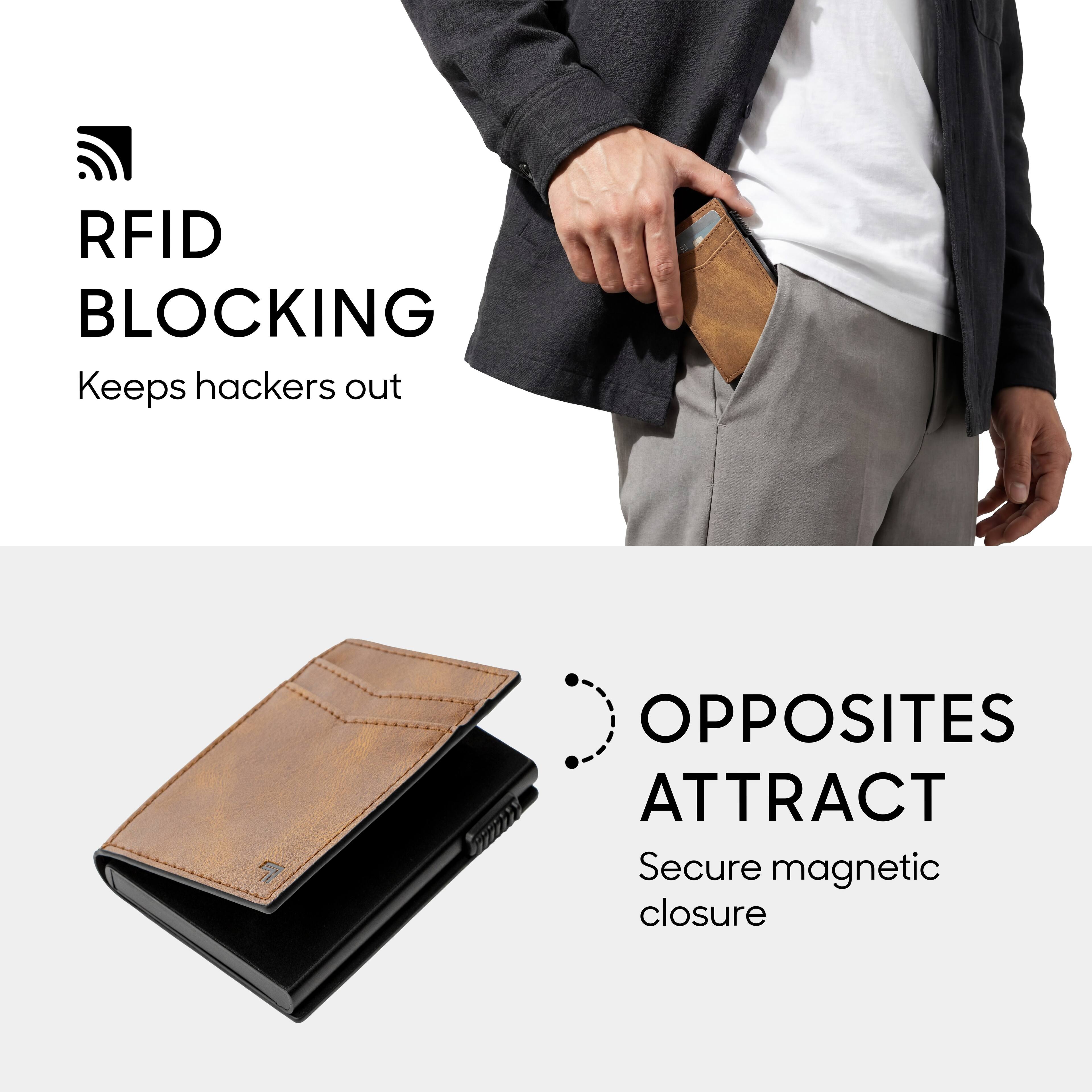 RFID BLOCKING  
Keeps hackers out  

OPPOSITES ATTRACT  
Secure magnetic closure